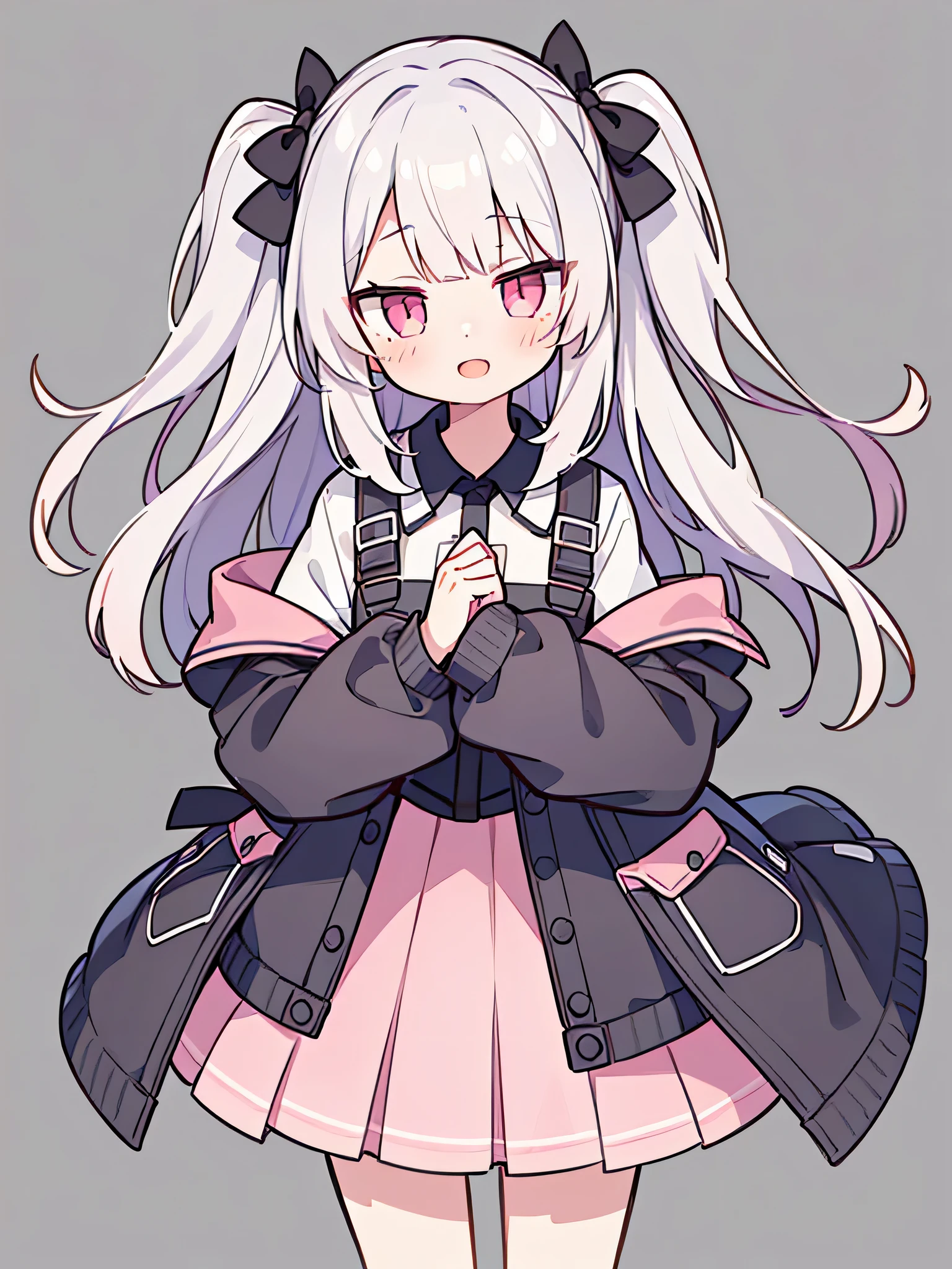 Pueros face_V1:0.24, highest quality, realistic, 8K, High resolution, 1 girl, 16 year old girl, (skin dents), (portrait), ((simple background:1.62)), full color, ((round chest,uniform,pleated skirt,oversized outerwear,colorful blouson)), look straight at the viewer:1.8, (1 girl eyes looking at viewer:1.55), (Long-length hair, silver hair, two side up,straight bangs:1.45,pink eyes), (Bokeh),looking at the viewer,open mouth smile,Shining eyes,cute pose,sparkling eyes,Super high quality,frontal shot,whole body,full body,Super high quality