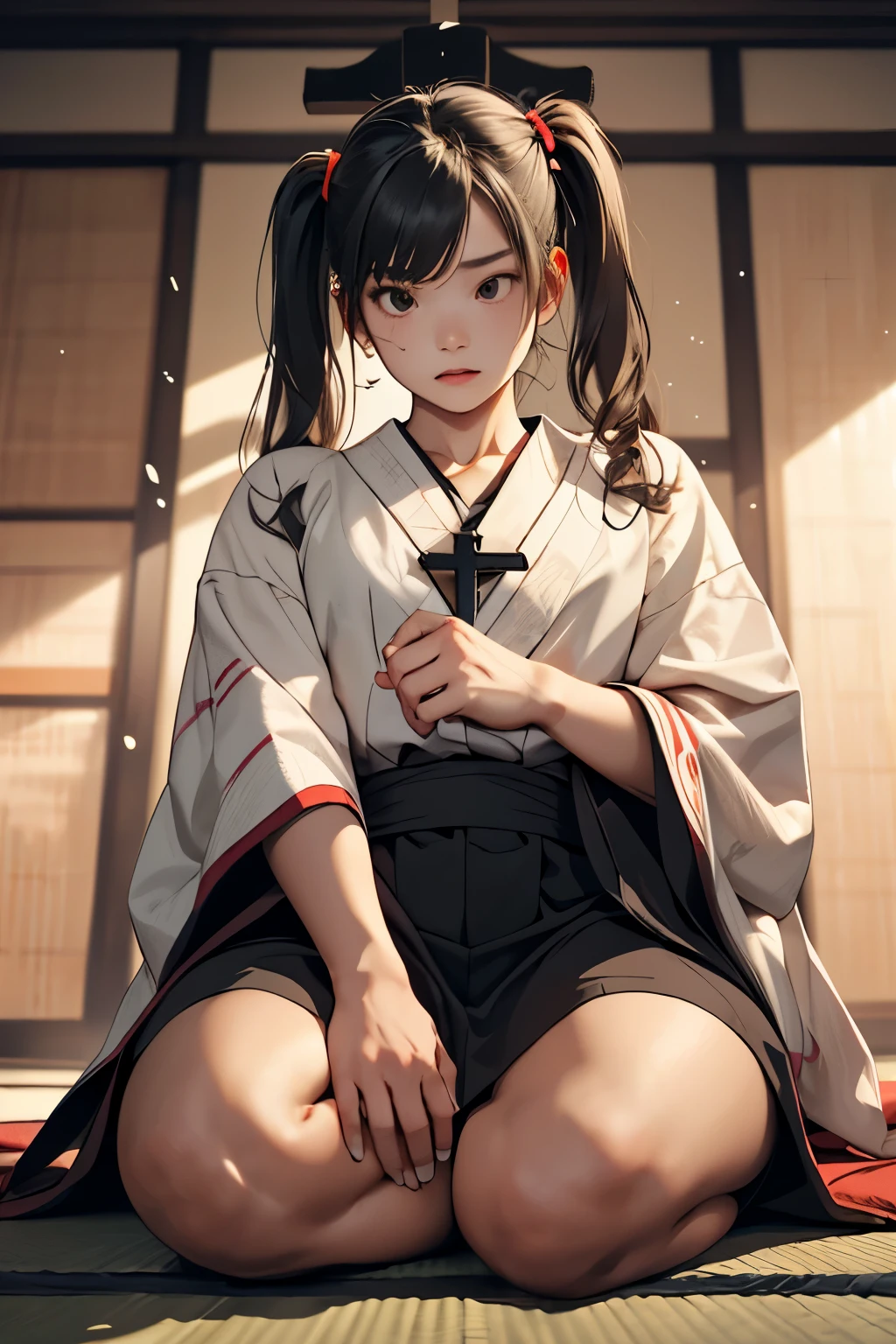 Girl in red and white mini dress, black hair with twin tails, anxious, cold sweat, baby face, wiggling, (((cross-legged on tatami, from the front, from below))), calligraphy club, high resolution