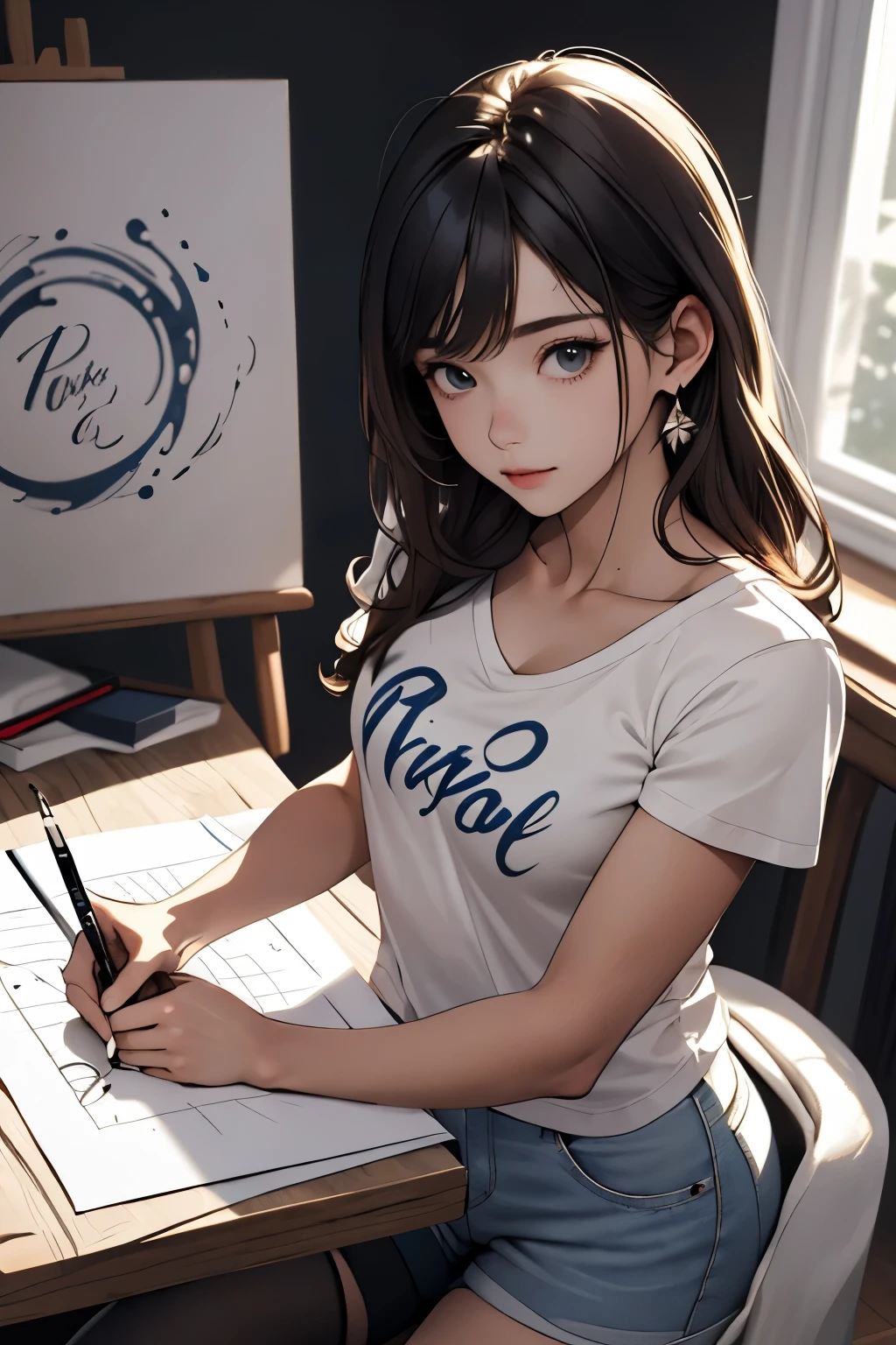 A girl in a white round neck T-shirt and light blue shorts is beginning to calligraphy, a calligraphy girl, a masterpiece, a powerful composition,