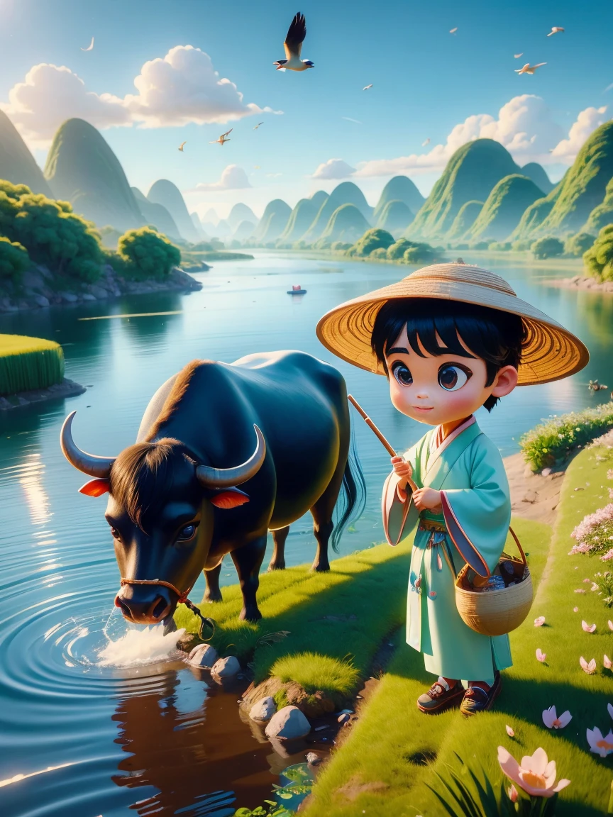 (((Spring Morning)))，Early morning during Qingming Festival，A cute little Chinese boy，Dressed in light-colored Hanfu，Wearing a straw hat lying on the back of a black cow，Holding grass in mouth，From Bubble Mart。he is in the fields，distant river、grassland，There are mountains in the distance，birds circling in the sky，With green onions。Disney-Pixar-style characters，big watery eyes，bright colors。Ray tracing、Octane refining technology，Wide-angle view，clay material，animated lights。3D production，Use C4D、Overclocked rendering、Blender software，IP-based authorization，best quality，ultra high definition，8K resolution。