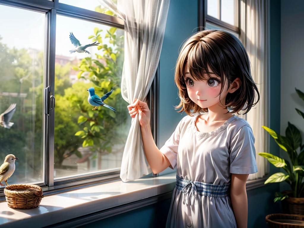 spring morning、Morning sunlight coming in through the window、girl opening curtains、refreshing breeze、A small bird perches on the window