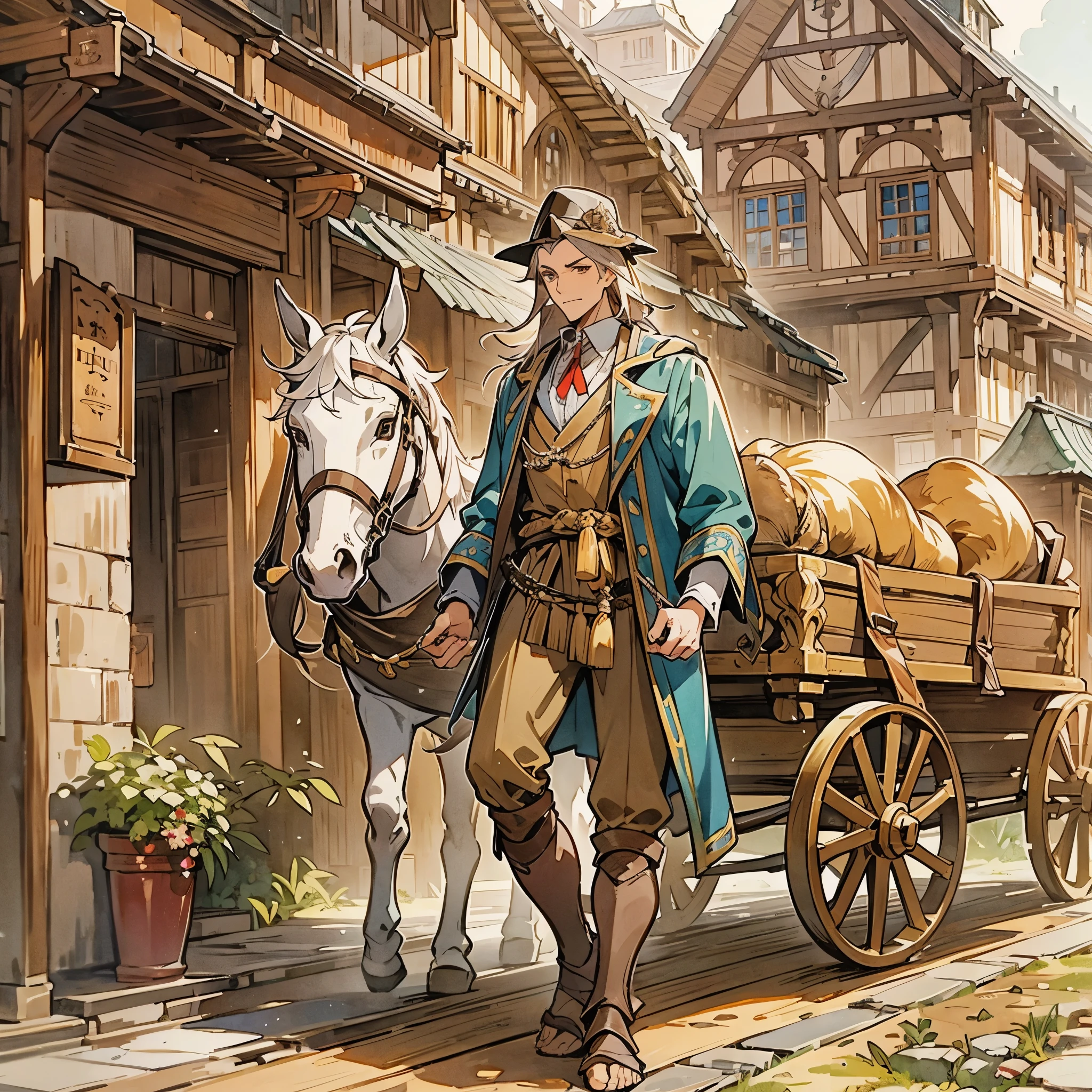 a man,European medieval merchants,Travel businessman,Wealthy businessman,Dressed in satin,Leading a brown horse,Pulling a small wooden cart,The wooden cart is loaded with goods。Medium shot composition,full body picture,characters and scenes,Game concept art style,Anime illustration style,watercolor style,Marker style,high-definition,4k。
