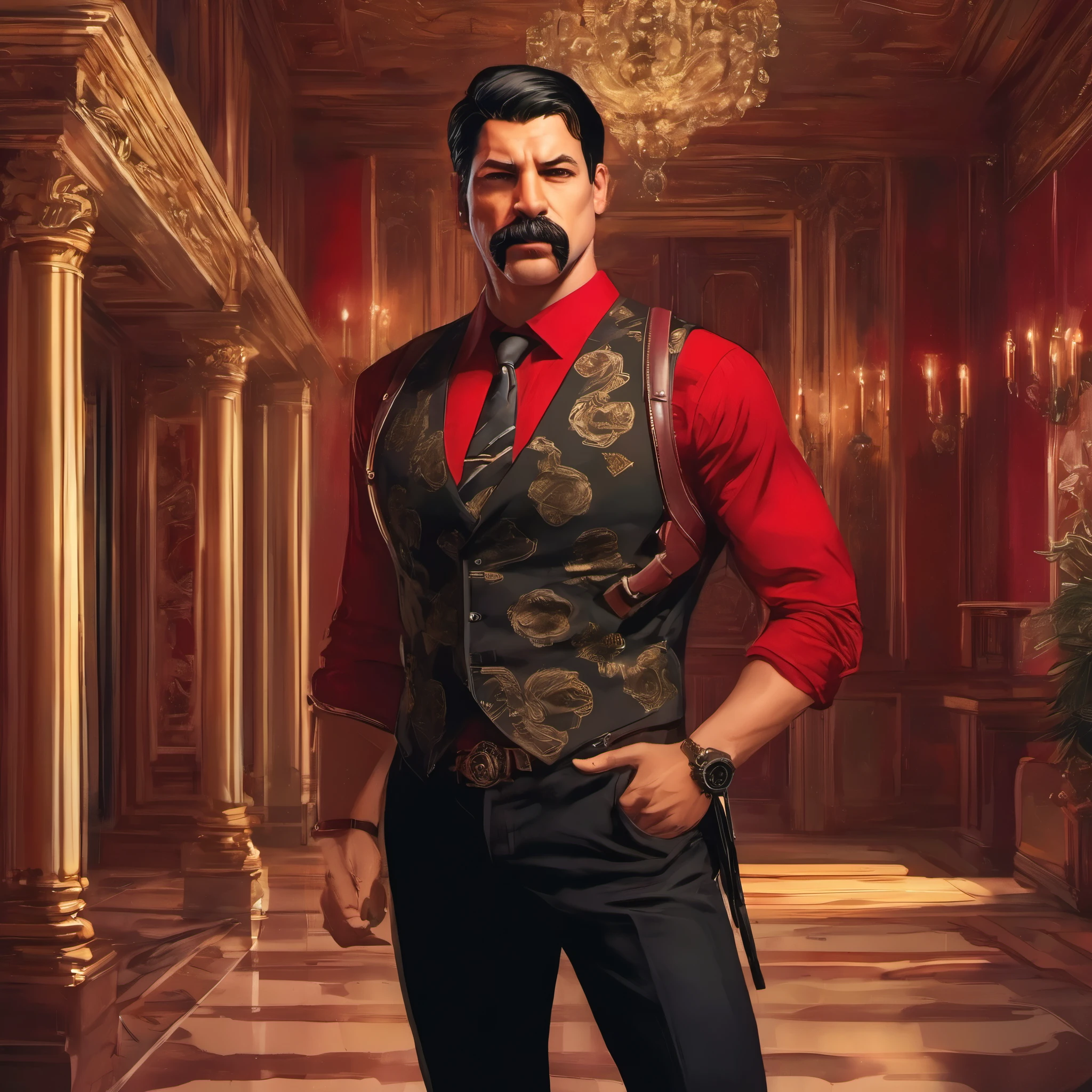 (obra maestra, Mejor calidad:1.2), 1 chico, solo, thenahualli, serious, dangerous man, elegant, elegante, black vest, red shirt, standing, vigilando, actitud vigilante, en mansion de lujo en Los Angeles, mansion de lujo moderna, in a luxury mansion in Los Angeles, at night, de noche