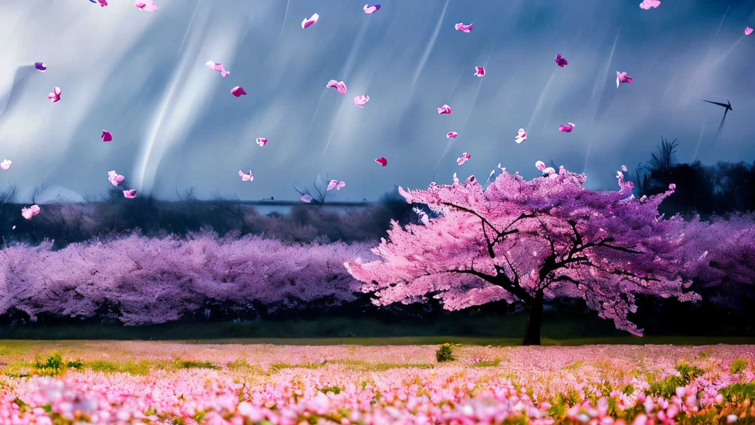 (((masterpiece))), ((super fine, 16k)), sunrise, light powder, (cherry blossom petals filling the field of vision:1.4), dancing spring storm, (wind, wind-effect:1.7), first spring wind, spring morning