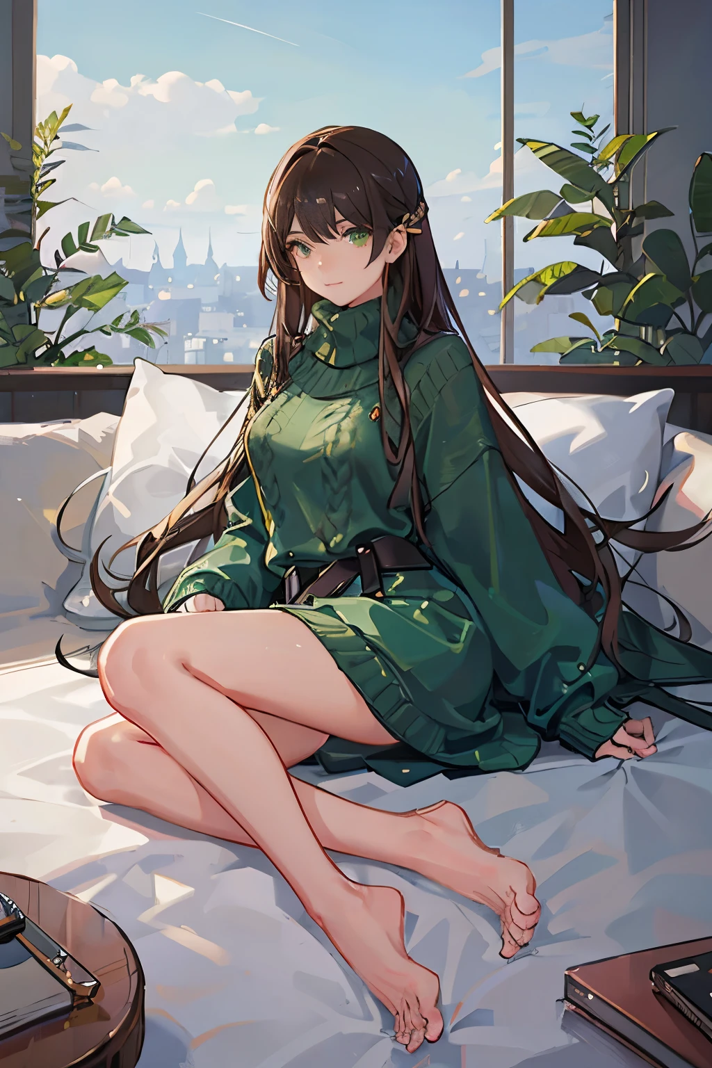 a stunning masterpiece,High resolution portrait of a beautiful detailed girl with long hair, Shiny brown hair and stunning green eyes, Wear a comfortable sweater