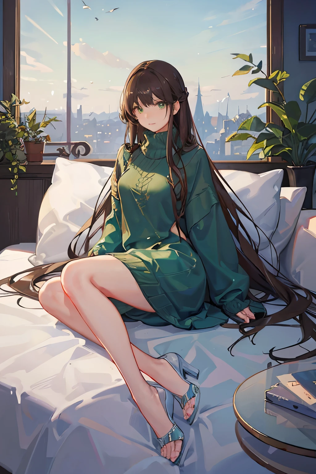 a stunning masterpiece，High resolution portrait of a beautiful detailed girl with long hair, Shiny brown hair and stunning green eyes, Wear a comfortable sweater