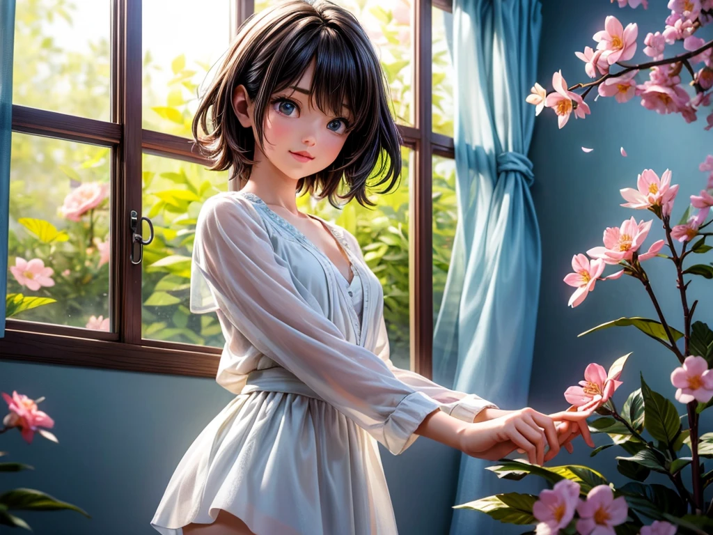 A girl opening the curtains on a spring morning,sunlight streaming in through the window,refreshing breeze, birds perched on the windowsill, flowers blooming in the garden, vibrant colors, soft sunlight, dainty cherry blossoms, clear blue sky, cheerful atmosphere, gentle rustling of leaves, delicate morning dew, radiant sunlight filtering through the trees, playful shadows dancing on the floor, serene and tranquil ambience, joyful chirping of birds. (best quality,4k,8k,highres,masterpiece:1.2),ultra-detailed,(realistic,photorealistic,photo-realistic:1.37),HDR,stunning floral patterns,crisp details,vibrant spring colors, ethereal beauty,luminous glow,impeccable lighting,fresh and inviting scenery,elegant scene,meticulously crafted artwork,temporary stillness before the world awakens,hopeful promise of a new day.