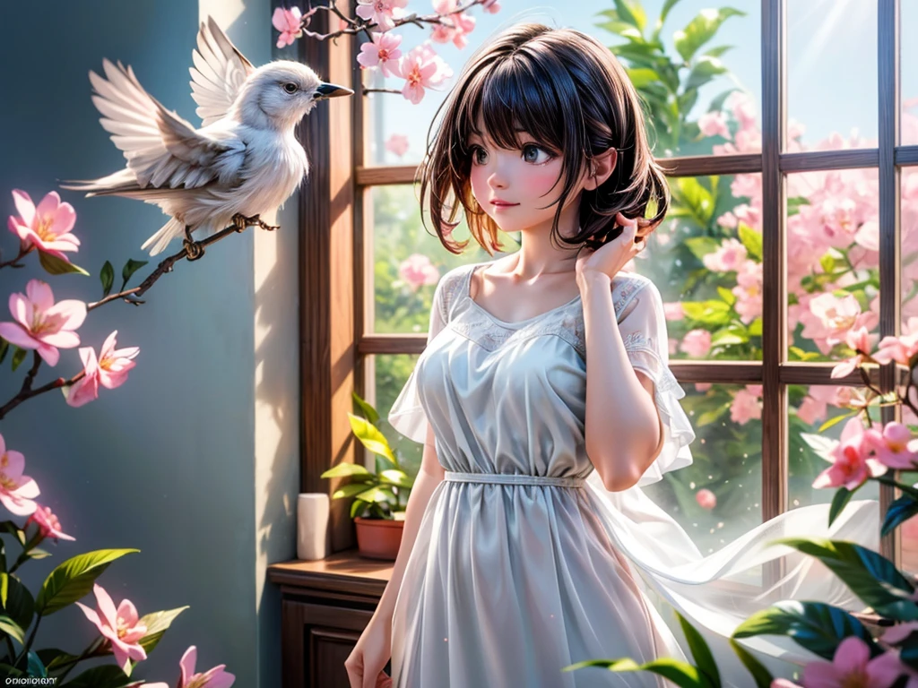 A girl opening the curtains on a spring morning,sunlight streaming in through the window,refreshing breeze, birds perched on the windowsill, flowers blooming in the garden, vibrant colors, soft sunlight, dainty cherry blossoms, clear blue sky, cheerful atmosphere, gentle rustling of leaves, delicate morning dew, radiant sunlight filtering through the trees, playful shadows dancing on the floor, serene and tranquil ambience, joyful chirping of birds. (best quality,4k,8k,highres,masterpiece:1.2),ultra-detailed,(realistic,photorealistic,photo-realistic:1.37),HDR,stunning floral patterns,crisp details,vibrant spring colors, ethereal beauty,luminous glow,impeccable lighting,fresh and inviting scenery,elegant scene,meticulously crafted artwork,temporary stillness before the world awakens,hopeful promise of a new day.