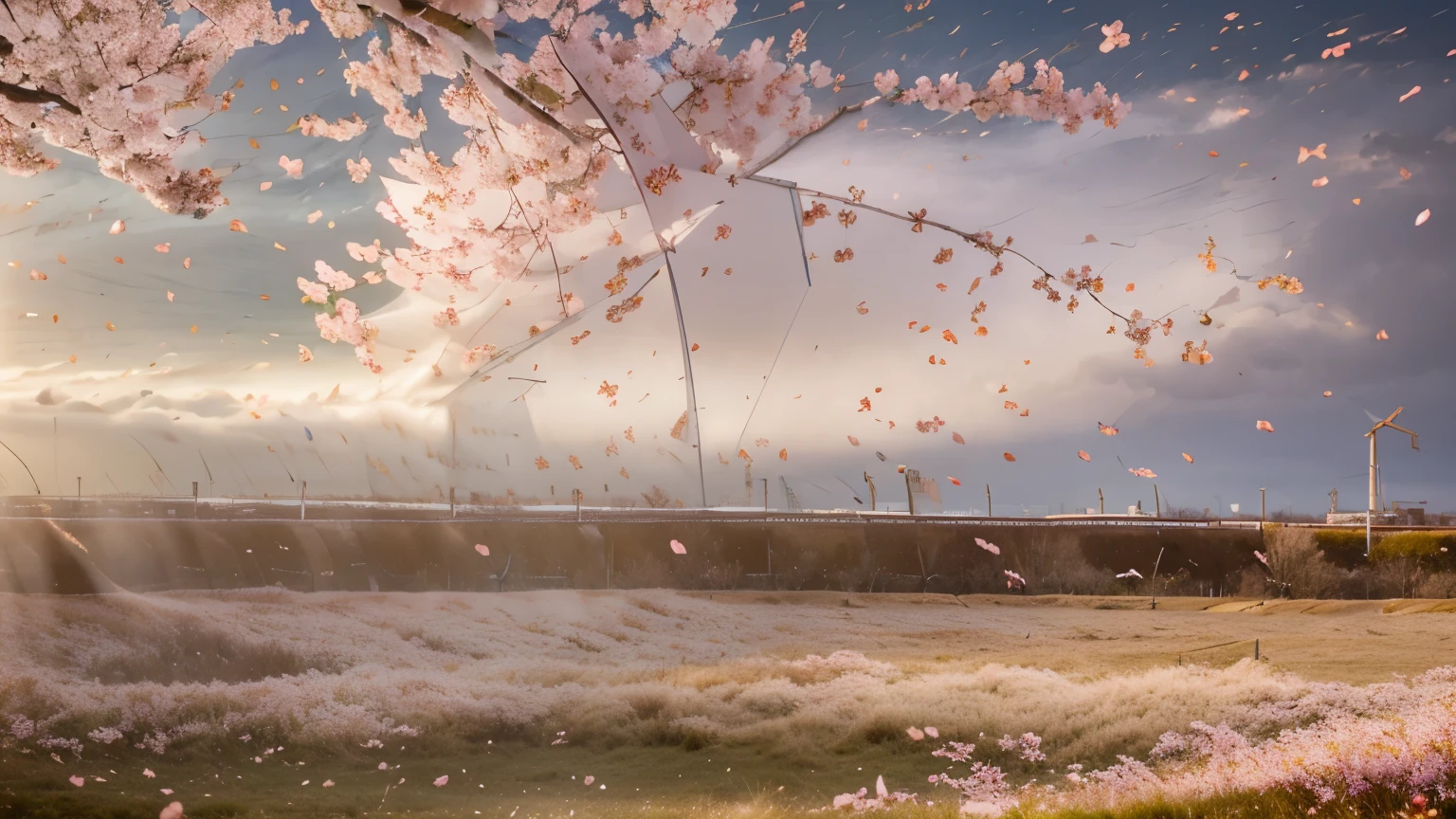 (((masterpiece))), ((super fine, 16k)), sunrise, light powder, (cherry blossom petals filling the field of vision:1.4), dancing spring storm, (wind, wind-effect:1.7), first spring wind, spring morning