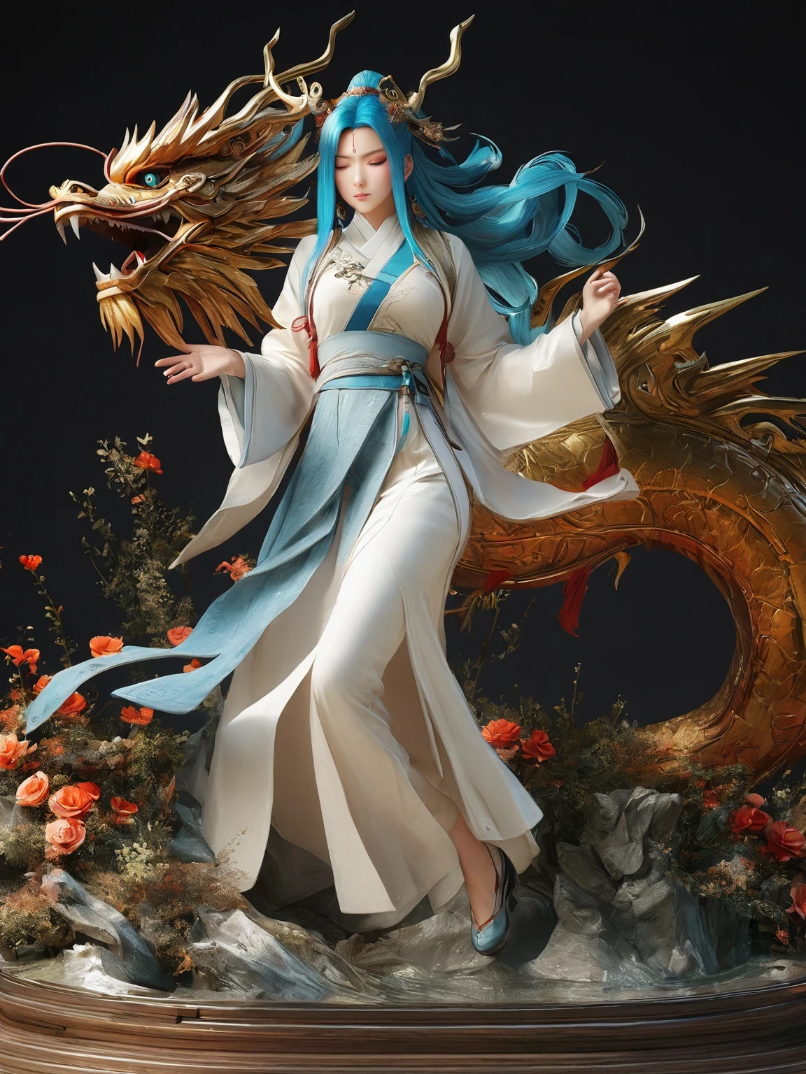 diy14，Highest quality, ultra-high definition, masterpieces, 8k, realistic, anime styled, 3d render，(costume design), dragon elements, Chinese style, full body close-up, flowers, white Hanfu, ink danqing, fantasy style clothing, Chinese clothing, Hanfu, flowing dragon silk, clothing design, smooth cyan tight clothes set, spirit, clothing, game, 8k, fantasy, magical, amazing