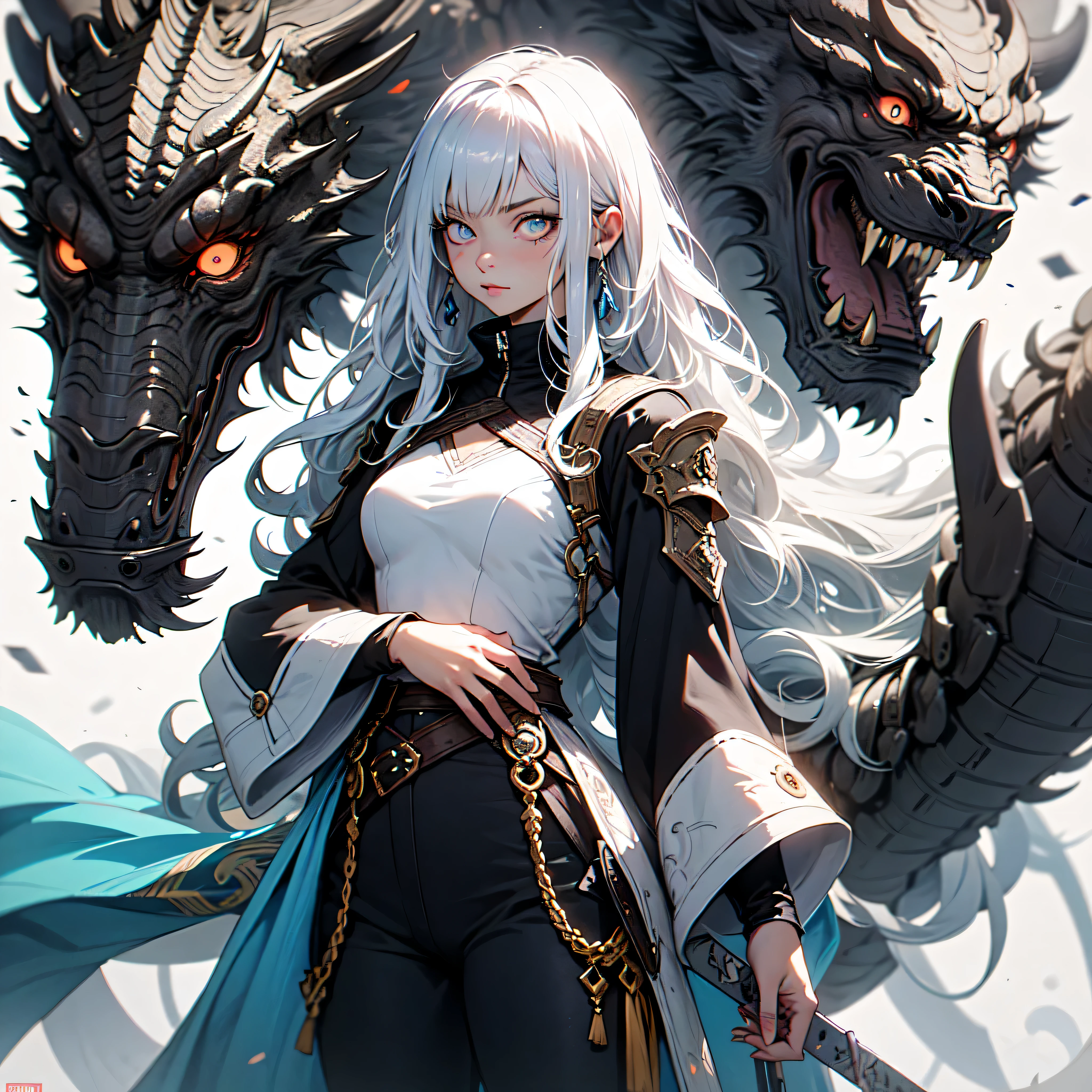 female assasin with long white hair, 1 blue eye and 1 black eye, used 2 swords