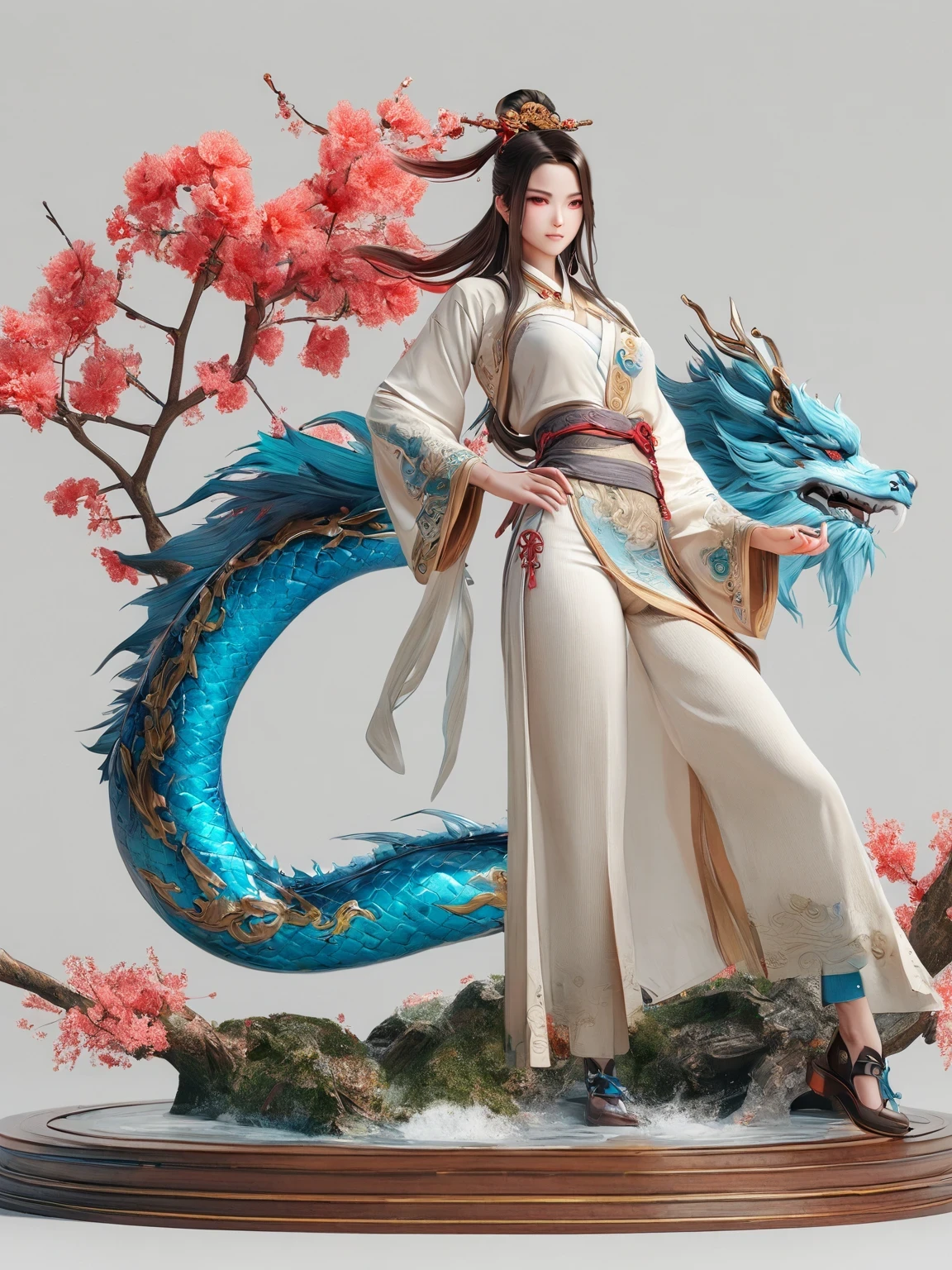 diy14，Highest quality, ultra-high definition, masterpieces, 8k, realistic, anime styled, 3d render，(costume design), dragon elements, Chinese style, full body close-up, flowers, white Hanfu, ink danqing, fantasy style clothing, Chinese clothing, Hanfu, flowing dragon silk, clothing design, smooth cyan tight clothes set, spirit, clothing, game, 8k, fantasy, magical, amazing