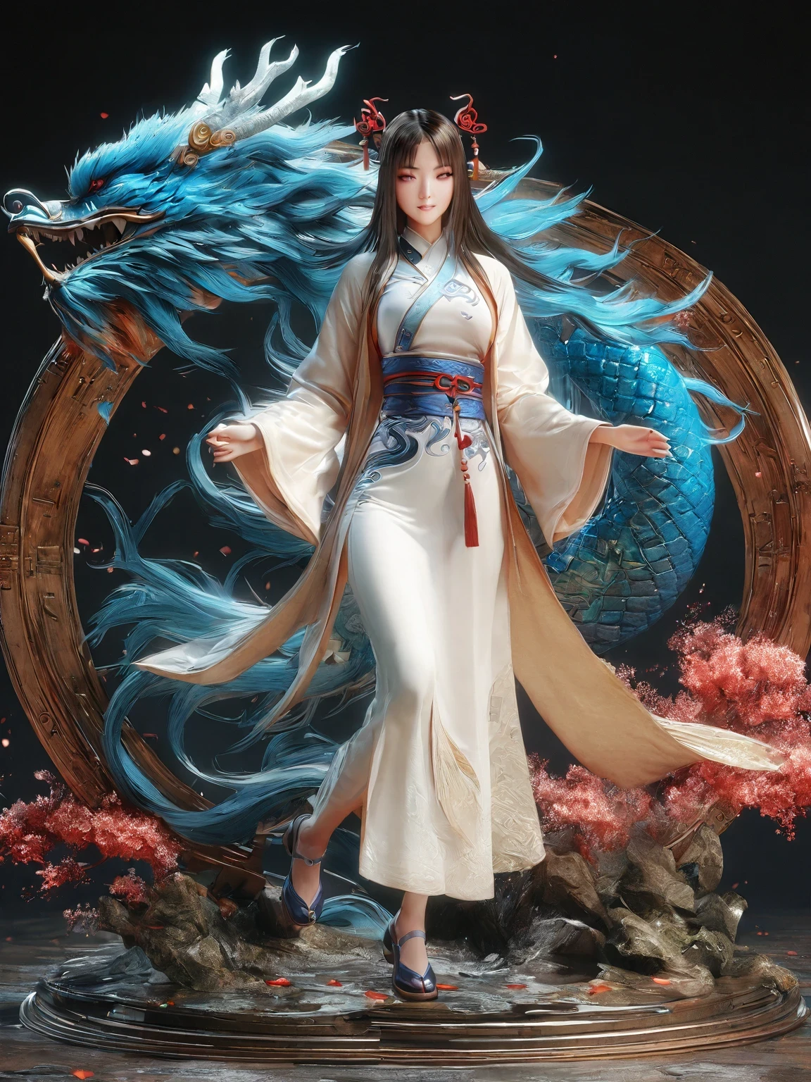 diy14，Highest quality, ultra-high definition, masterpieces, 8k, realistic, anime styled, 3d render，(costume design), dragon elements, Chinese style, full body close-up, flowers, white Hanfu, ink danqing, fantasy style clothing, Chinese clothing, Hanfu, flowing dragon silk, clothing design, smooth cyan tight clothes set, spirit, clothing, game, 8k, fantasy, magical, amazing