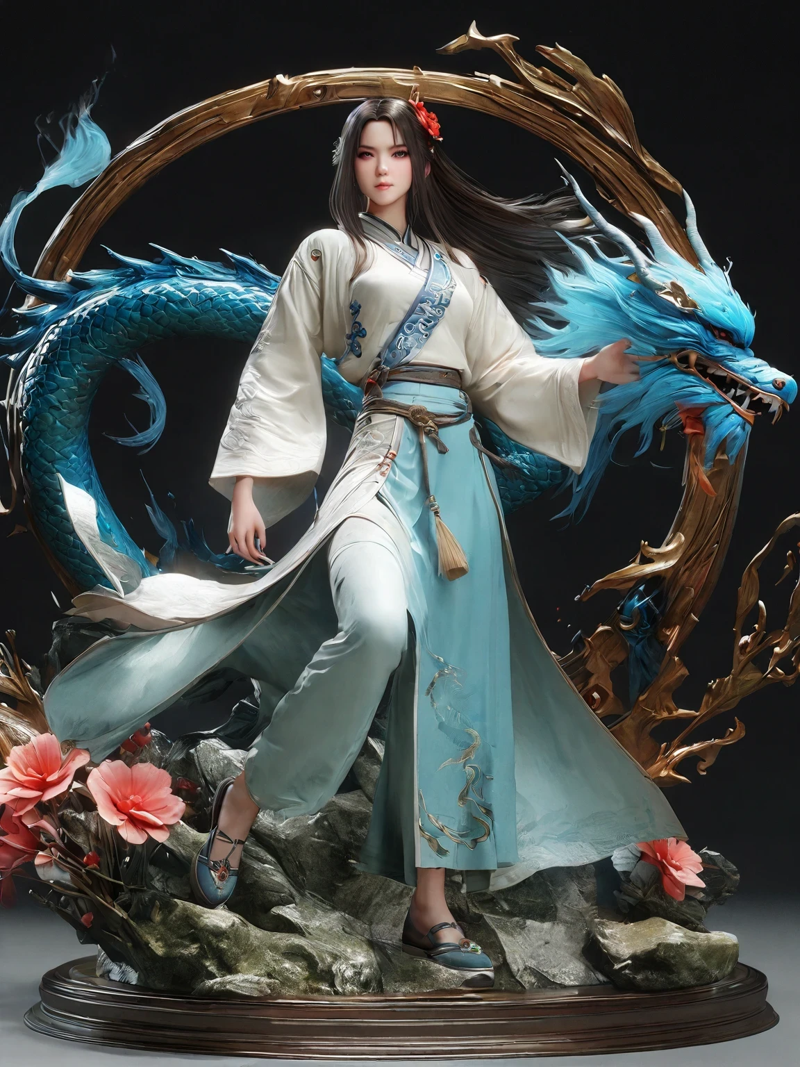 diy14，Highest quality, ultra-high definition, masterpieces, 8k, realistic, anime styled, 3d render，(costume design), dragon elements, Chinese style, full body close-up, flowers, white Hanfu, ink danqing, fantasy style clothing, Chinese clothing, Hanfu, flowing dragon silk, clothing design, smooth cyan tight clothes set, spirit, clothing, game, 8k, fantasy, magical, amazing