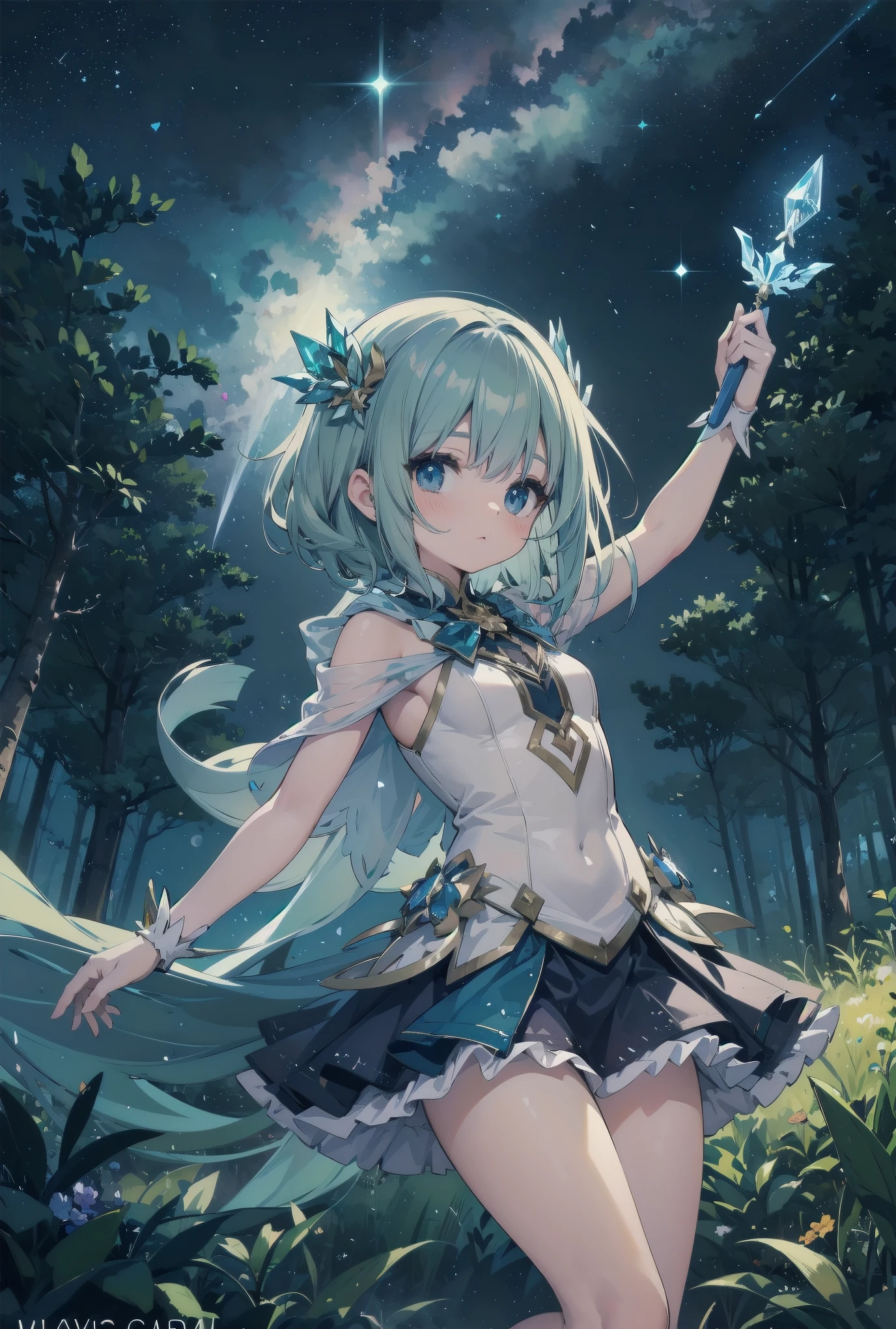 Subject: pretty magical girls.
Subtitle: masterpiece, fantastic, magical, powerful pose

Under a starry sky, in the centre of a mysterious forest, a pretty magical girl raises her glowing wand to the heavens. Around her, particles of seven-coloured magic dance, and with her powerful pose, the entire forest is enveloped in a fantastic light. For this brief moment, even time seems to have frozen.