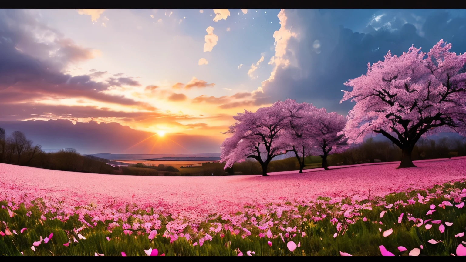 (((masterpiece))), ((super fine, 16k)), sunrise, light powder, cherry blossom petals filling the field of vision, dancing spring storm, (wind, wind-effect), first spring wind, spring morning