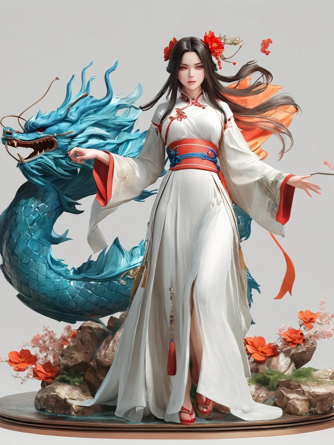 diy14，Highest quality, ultra-high definition, masterpieces, 8k, realistic, anime styled, 3d render，(costume design), dragon elements, Chinese style, full body close-up, flowers, white Hanfu, ink danqing, fantasy style clothing, Chinese clothing, Hanfu, flowing dragon silk, clothing design, smooth cyan tight clothes set, spirit, clothing, game, 8k, fantasy, magical, amazing