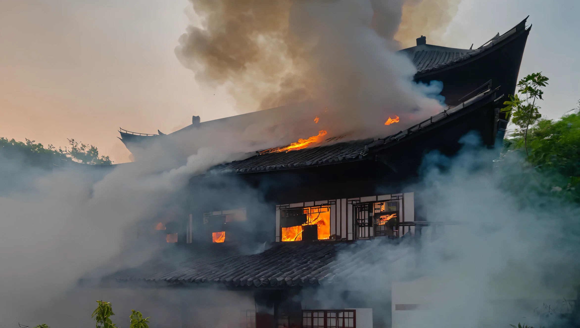 Scenery of Chinese house fire burning with thick smoke