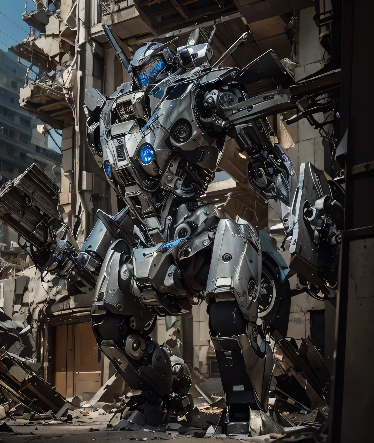 ultra modern biomechanical style mecha robot, silver color with blue details, it is in a totally destroyed city, Ultra detailed, Hyper realistic, 4k, Ultra detailed image, realistic, Highly detailed, perfect composition, beautiful intricately detailed incredibly detailed, 8K fine art photography , hyper detailed, Masterpiece