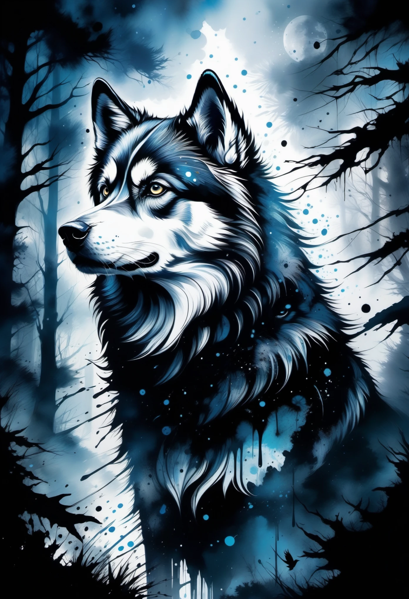 (((In dark fantasy ink splatter art:1.3))), Shabby Husky, Mesmerizingly beautiful scenery appears, Chaotic black strokes ink splatter, Intricate details blend into the world of the ethereal forest, Otherworldly creatures, insanely beautifu, Gongbi, Every stroke exudes a charming feeling, extraordinary creation, Whether it is ink painting or oil painting, Master stunning details, pure brilliance, Creepy atmosphere ink splatter coating,