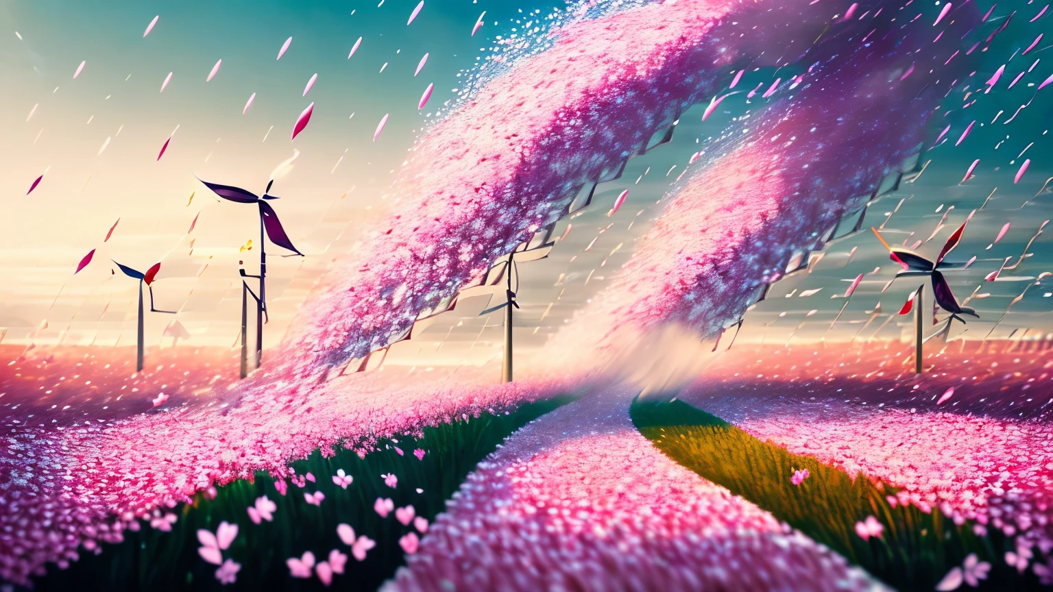 (((masterpiece))), ((super fine, 16k)), sunrise, light powder, cherry blossom petals filling the field of vision, dancing spring storm, (wind, wind-effect), first spring wind, spring morning