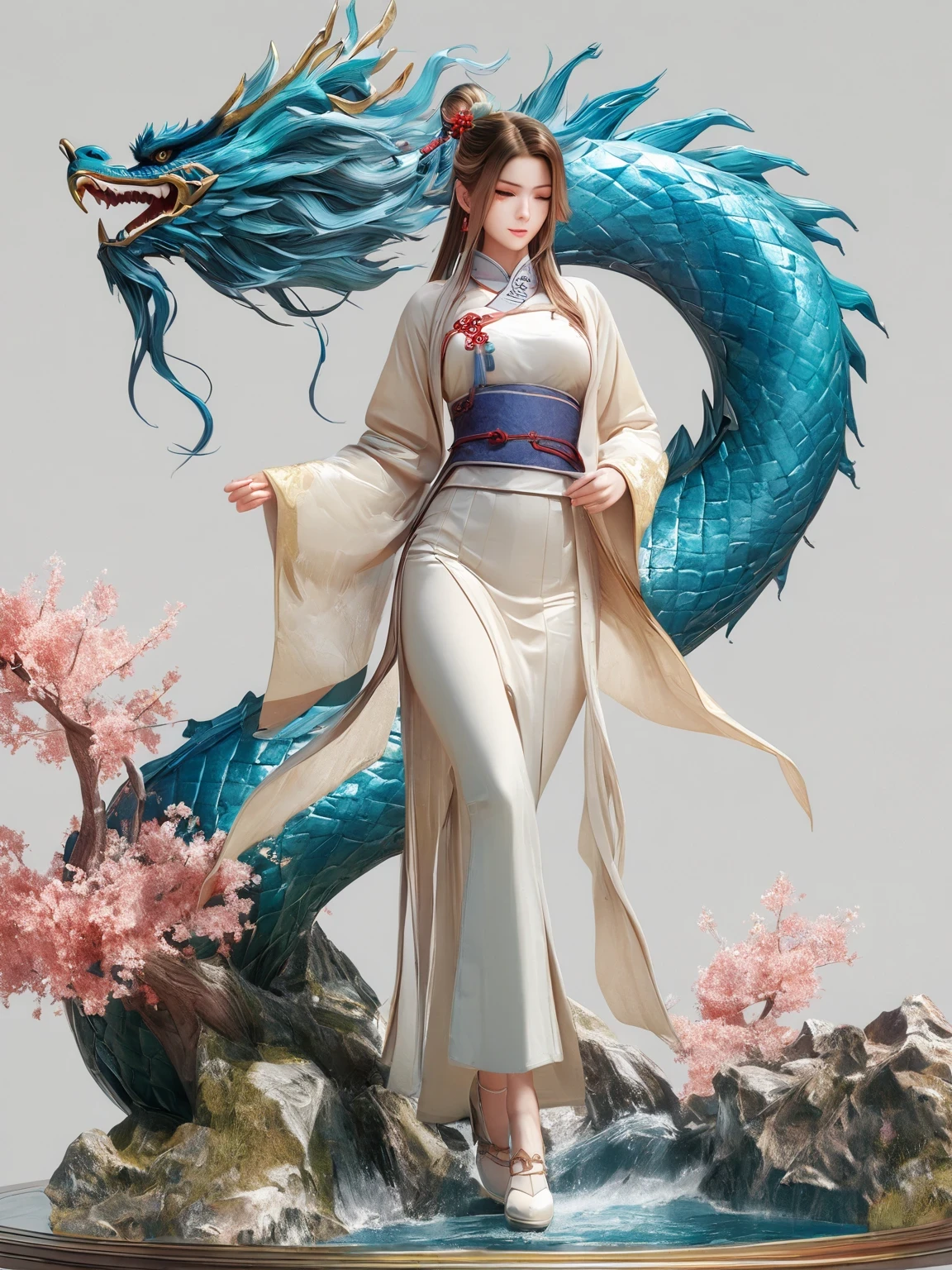 diy14，Highest quality, ultra-high definition, masterpieces, 8k, realistic, anime styled, 3d render，(costume design), dragon elements, Chinese style, full body close-up, flowers, white Hanfu, ink danqing, fantasy style clothing, Chinese clothing, Hanfu, flowing dragon silk, clothing design, smooth cyan tight clothes set, spirit, clothing, game, 8k, fantasy, magical, amazing