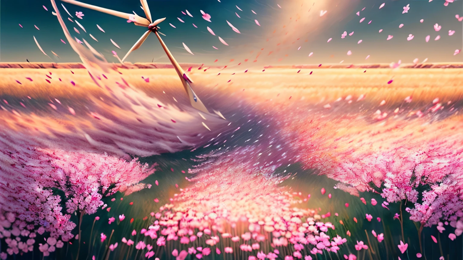 (((masterpiece))), ((super fine, 16k)), sunrise, light powder, cherry blossom petals filling the field of vision, dancing spring storm, (wind, wind-effect), first spring wind, spring morning