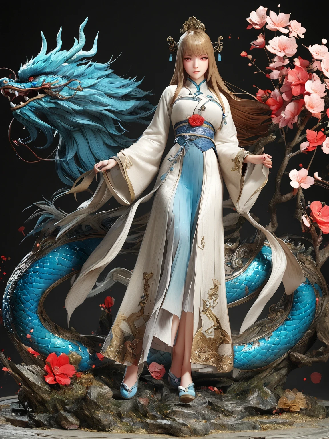 diy14，Highest quality, ultra-high definition, masterpieces, 8k, realistic, anime styled, 3d render，(costume design), dragon elements, Chinese style, full body close-up, flowers, white Hanfu, ink danqing, fantasy style clothing, Chinese clothing, Hanfu, flowing dragon silk, clothing design, smooth cyan tight clothes set, spirit, clothing, game, 8k, fantasy, magical, amazing