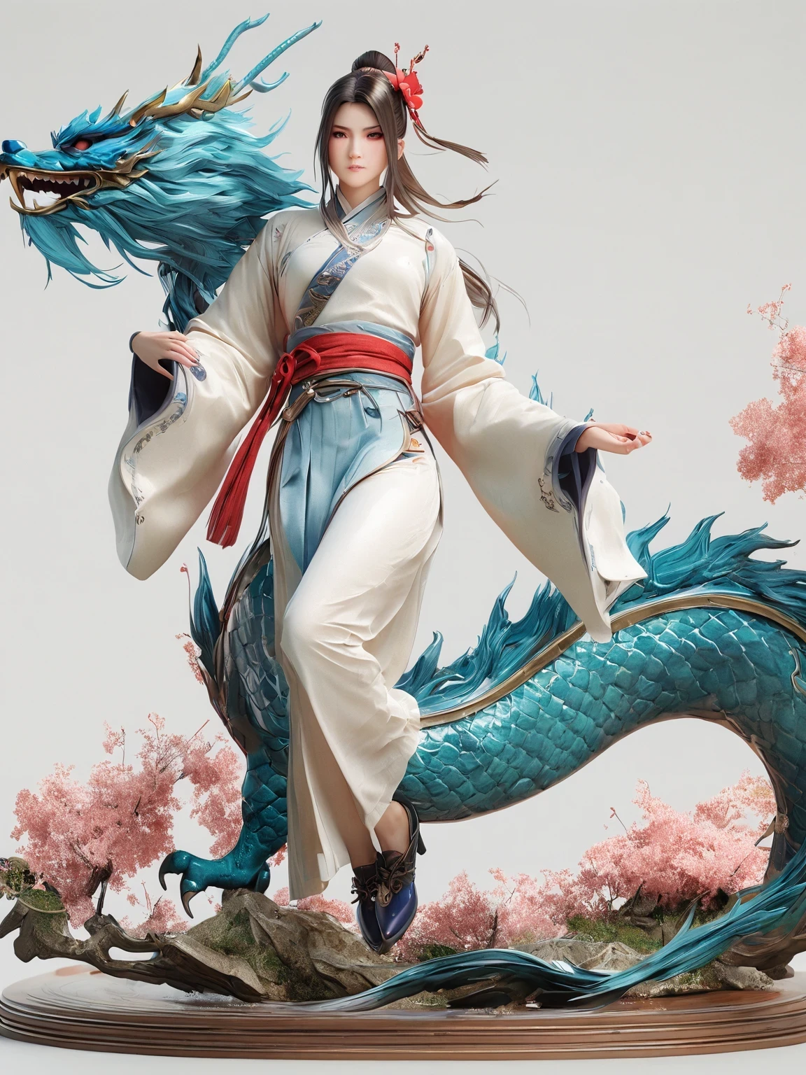 diy14，Highest quality, ultra-high definition, masterpieces, 8k, realistic, anime styled, 3d render，(costume design), dragon elements, Chinese style, full body close-up, flowers, white Hanfu, ink danqing, fantasy style clothing, Chinese clothing, Hanfu, flowing dragon silk, clothing design, smooth cyan tight clothes set, spirit, clothing, game, 8k, fantasy, magical, amazing