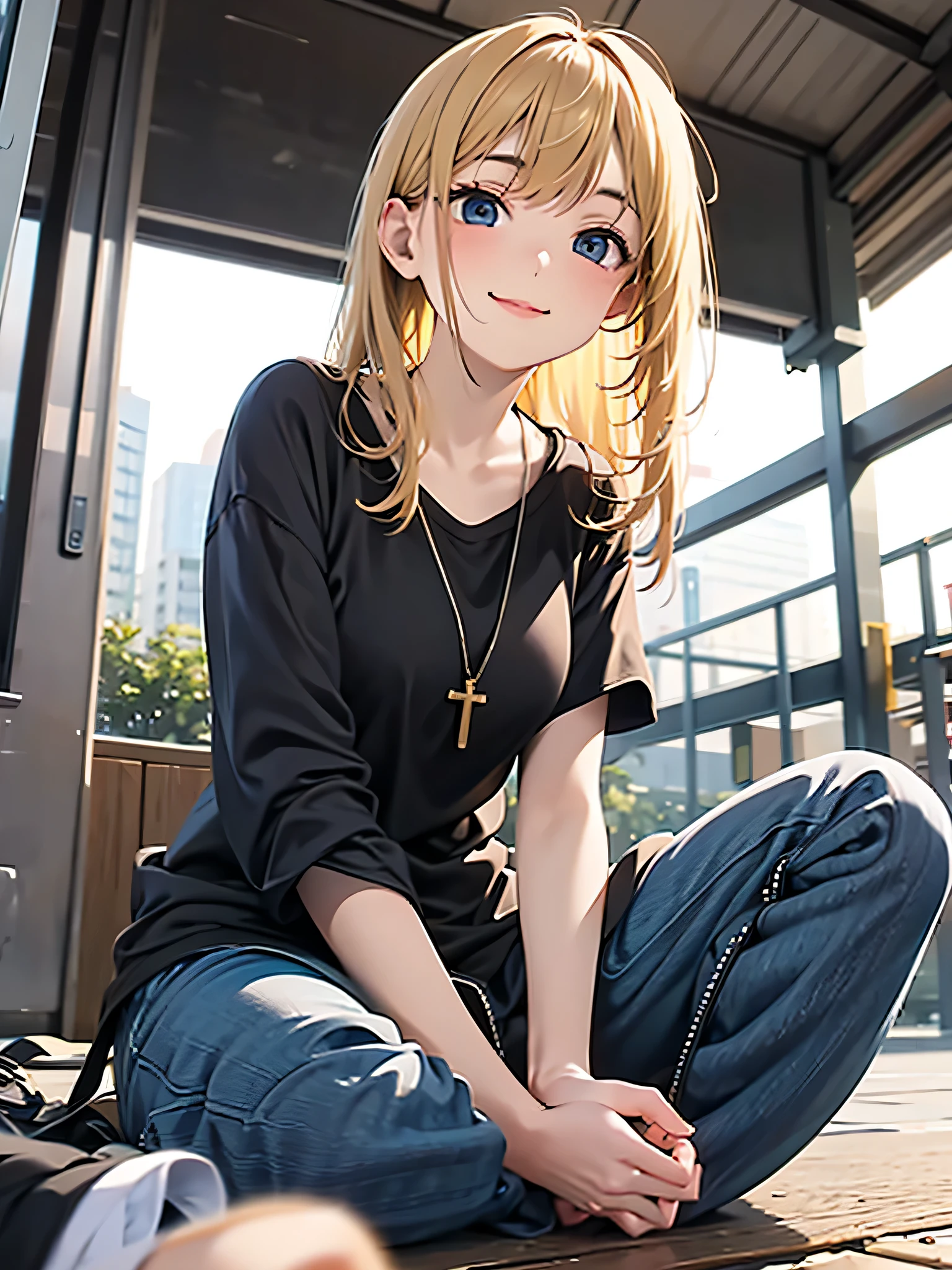 girl、blonde, No sleeve, half pants、sit cross-legged、whole body、overhead camera、looking up, kyoto ,smile, blash ,