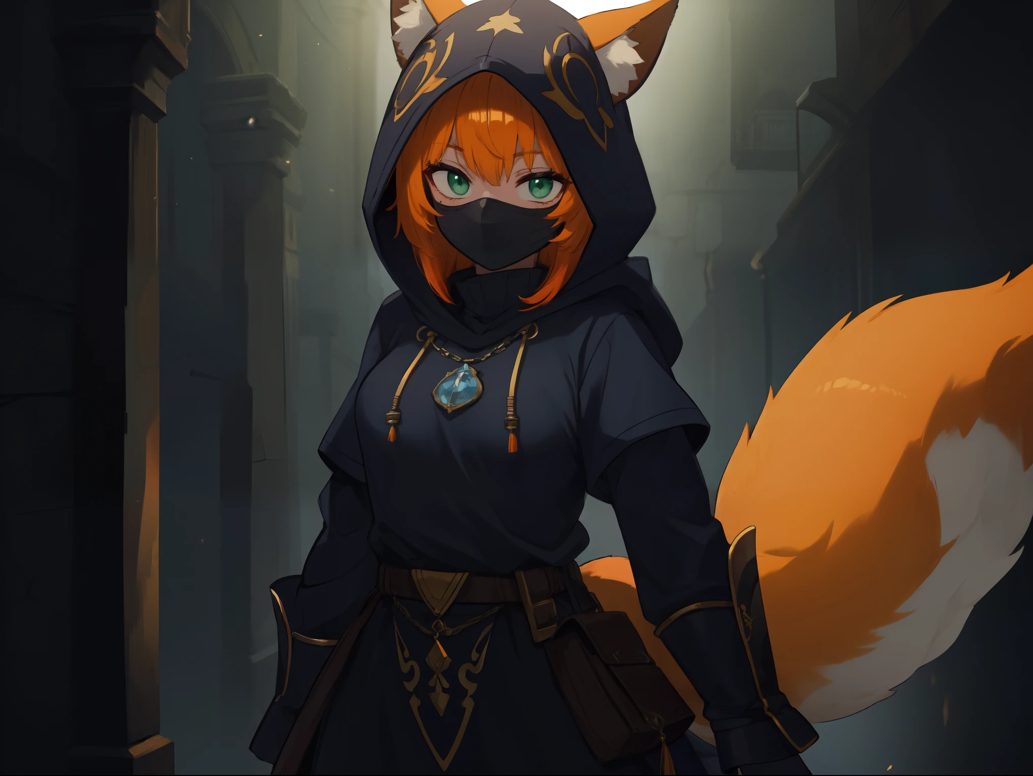 ((solo)), (female), solo, ((short orange hair)), bangs, (((orange fox ears))), fox tail, green eyes, (hood up), black fantasy tunic, smooth body, ((black face mask)), (blue amulet), ((standing)), blue aura, midnight, fantasy town setting, ((dark setting)), ((up close)), Very good figure, cinematic lighting, volume lighting, bright tone, warm color, colorful, masterpiece, super detail, high quality, best quality, highres, 16k,