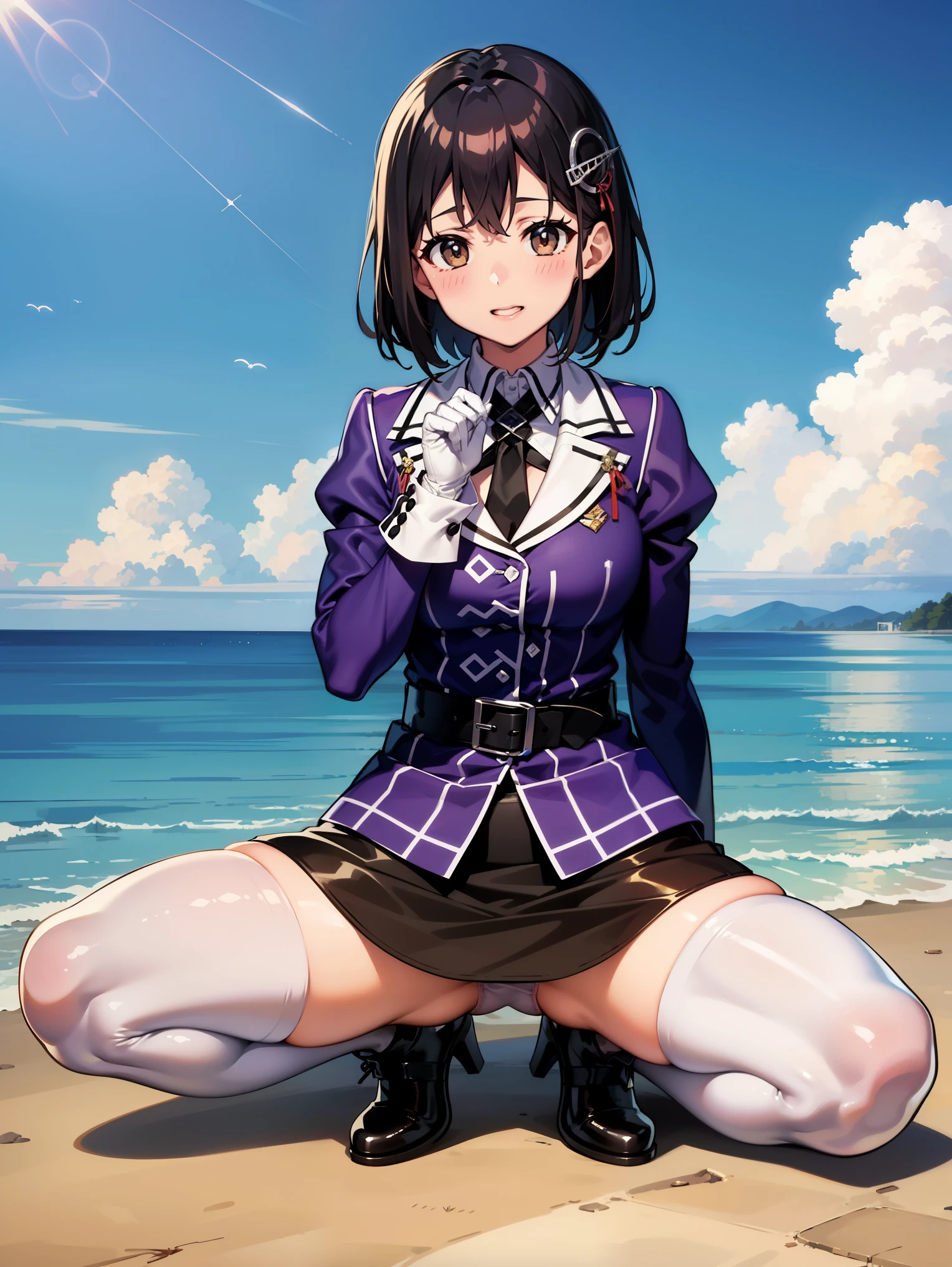 scratch \(KanColle\), short hair, black hair, brown eyes, hair ornaments, clothing : uniform, purple jacket, black tie, white gloves, Black belt, black skirt, mini skirt, pencil skirt, white pantyhose, gray shoes, high heels,
Blake Smile, shy, blush your nose, (heart hand, Put your own hands together:1)
destroy a masterpiece, highest quality, High resolution, 8K, official art, Super detailed, super resolution, very detailed and beautiful, very detailed, amazingly detailed, very detailed美しい女の子, very detailed顔, very detailed目, very detailed肌, very detailed指, very detailed鼻, very knowledgeable mouth, Perfect Anatomy BREAK Full Body Shot, Opposition, on the sea, on the water, bright, scenery, very detailed CG unity 16k, Highly detailed 16KCG wallpaper,(spread your legs),(panty shot)