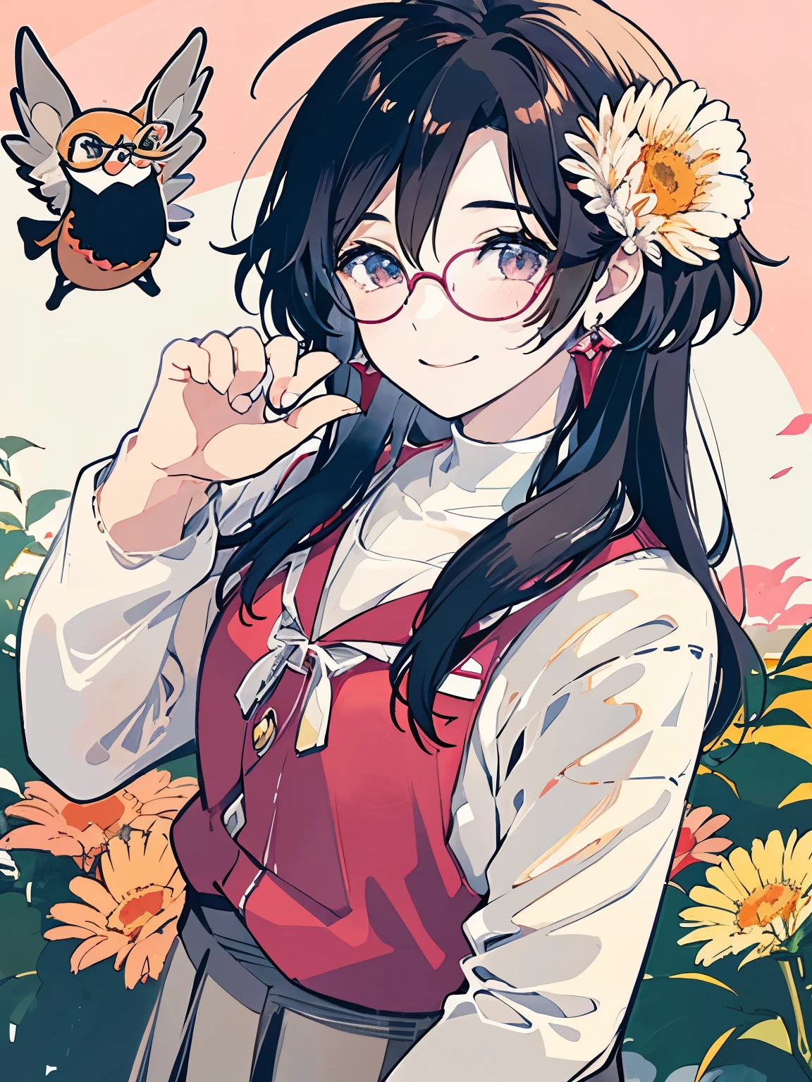 young girl、primary school student、10 year old girl、Wear glasses、orange and pink pastel colors、red earrings、A happy smile、flat chest、cute、cute***、watercolor painting、Illustration with light colors、Against the background of a bright forest、flower garden、