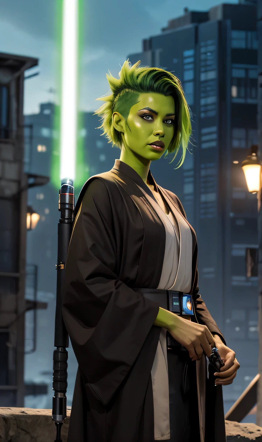 a digital drawing of an alien Jedi woman, wearing dark brown, Jedi robes, with colorful feathers for hair, punk Mohawk hairstyle, green skin, with a green lightsaber in her hand, a sci-fi city in the background, 2d art, illustration, Star Wars art, cartoon, concept art