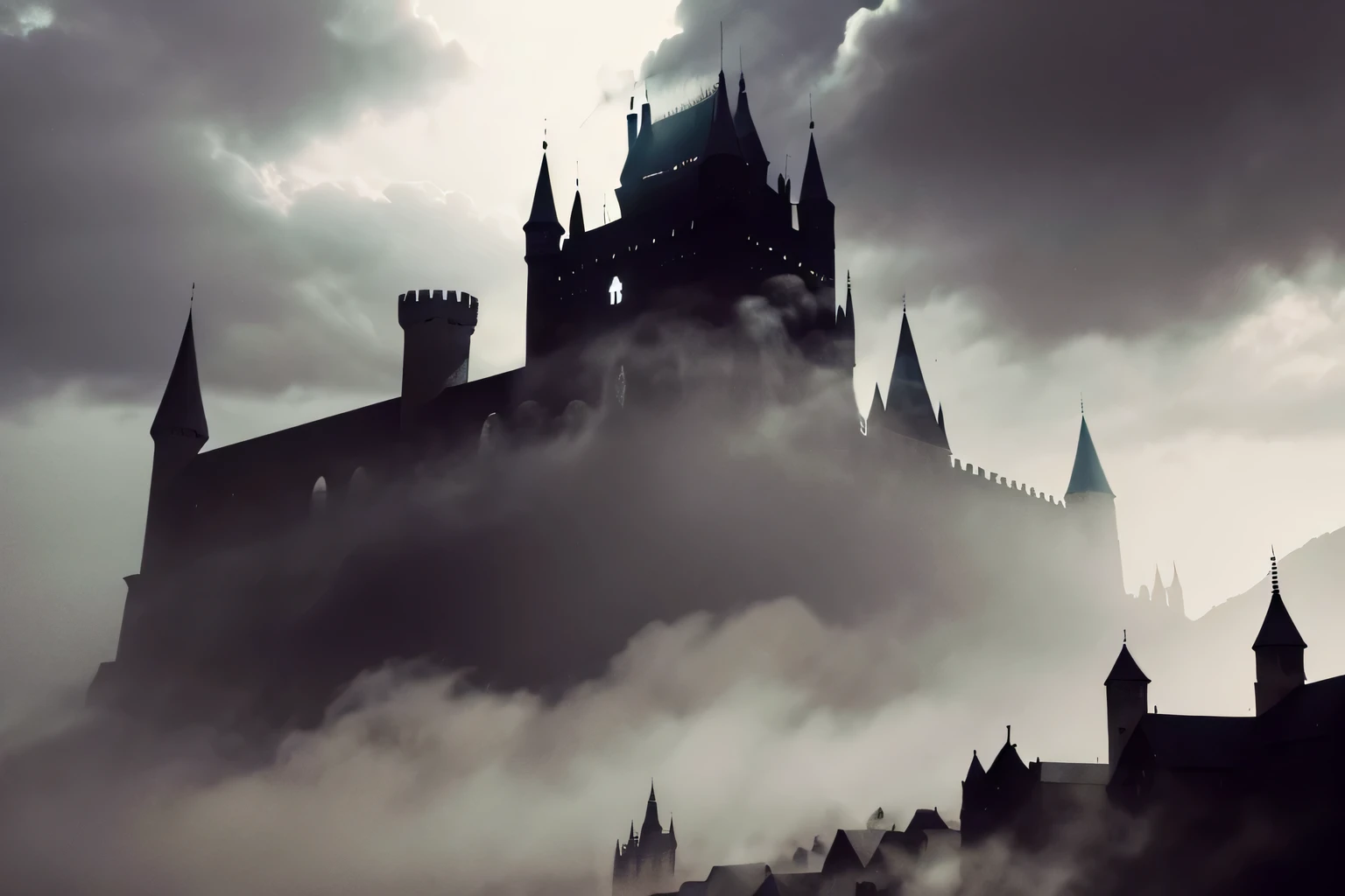 Aquarelle painting of ominous black fog engulfing medieval village with towering castle in the background, inspired by Gothic architecture, high contrast shadows, foreboding atmosphere, detailed brush strokes
