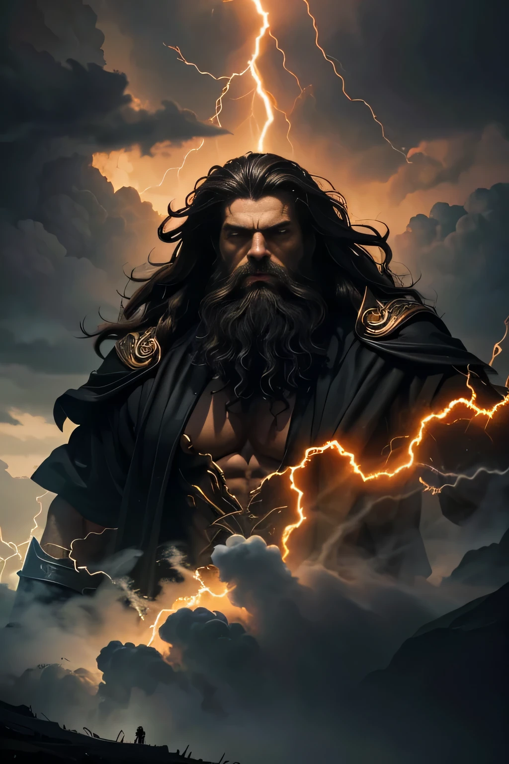 A furious Zeus, oil painting, best quality, ultra-detailed, realistic:1.37, portraits, intense contrast, dramatic lighting, stormy atmosphere, powerful strokes, divine wrath, muscular physique, flowing beard, lightning bolts, dark robes, menacing expression, glowing eyes, thunderous clouds, epic proportions, monumental presence, golden aura, divine power