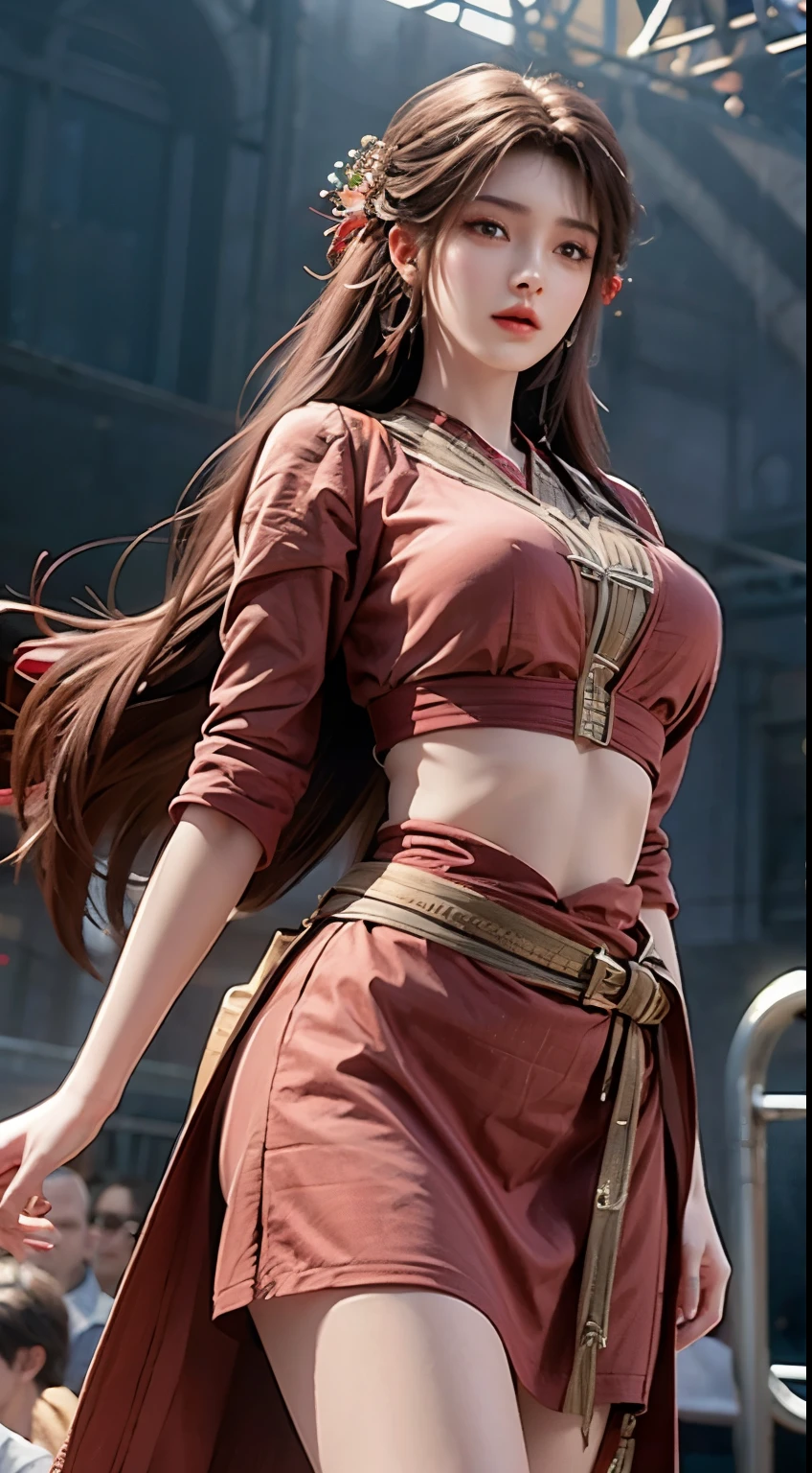 (masterpiece,best quality,pretty girl,pretty face:1.2),(Near face:1.1),8K,official art,Original photos,ridiculously huge breasts,crop top,looking at the audience,lanky,ager,face light,film grain,Color difference,sharp focus,dynamic lighting,film lighting,Show your waist,huge