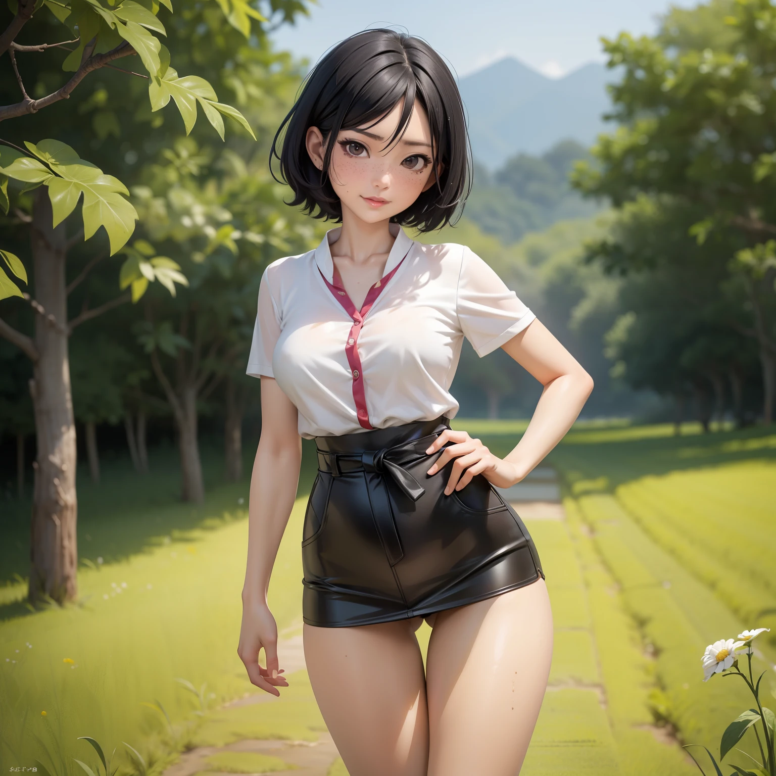 Japanese, mature woman, milf, black hair, short hair, farmer outfit, , thin waist, thin legs, skinny legs, slim body, small breasts, saggy breasts, sunny day, rice plantation, cinematic lighting, sweaty body , freckles on cheeks, wrinkles
