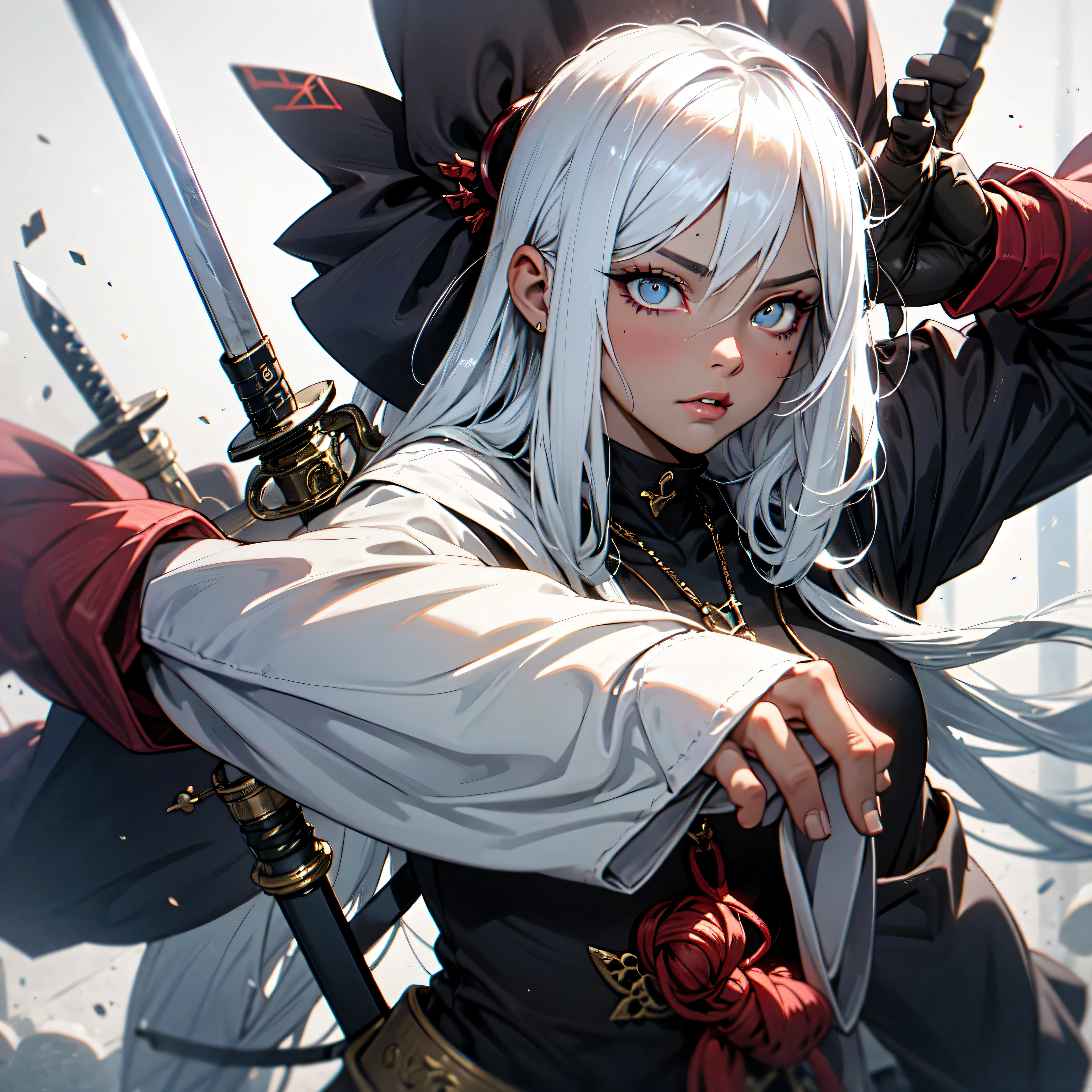 female assasin with long white hair, 1 blue eye and 1 black eye, used 2 swords