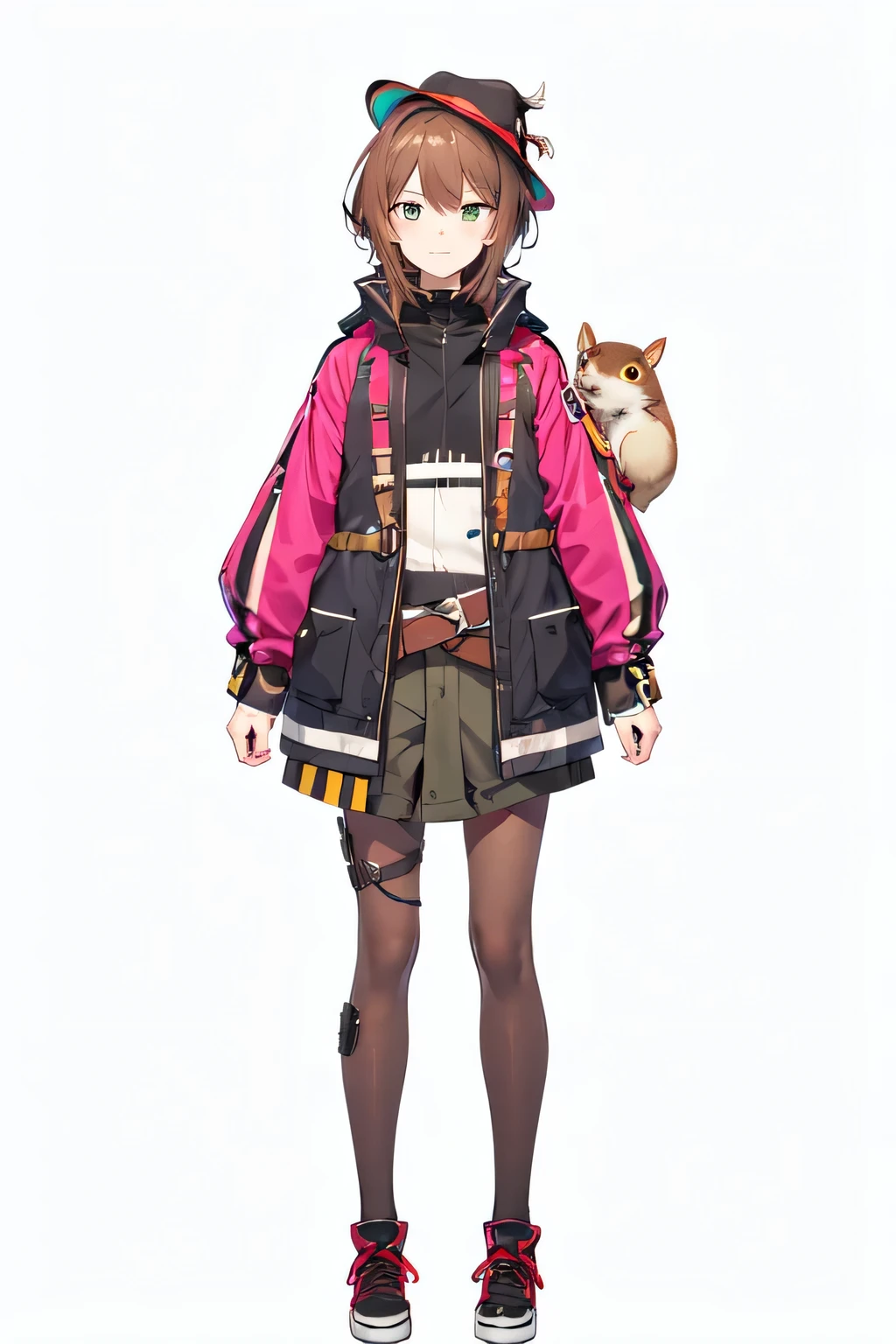 a man in a hat and Jas with a squirrel on her shoulder, marisa kirisame, male anime character, from boy frontline, fine details. Boy frontline, genshin impact, classical witch, anime character, mechanized witch boy, boy frontline style, astri lohne, megumin, cute anime waifu in a nice jas, ale protagonist 👀 :8, magical suite, 3d realistic, wide, fuul background, wear trousers, with green eye and medium brown hair