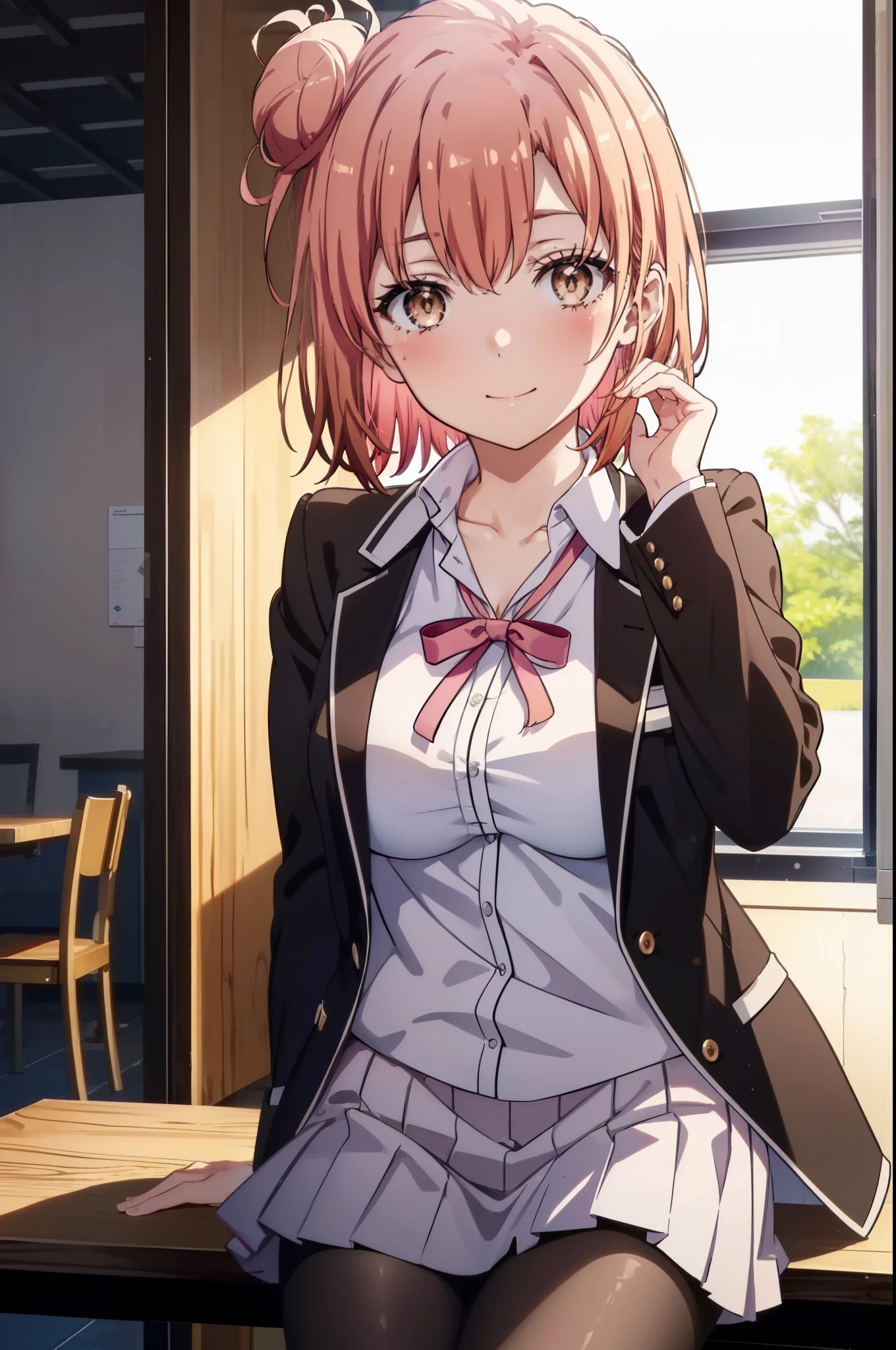 yuiyuigahama, yui yuigahama, short hair, (brown eyes:1.5), (pink hair:1.2), bun hair, single bun hair, smile, (big breasts:1.2),blush,smile,
break skirt, shirt, ribbon, , Jacket, white shirt, black Jacket, blazer, the room is expensive ,black pantyhose,brown loafers,sitting in a chair with legs crossed,Ramen is placed on the table,
break indoors, School cafeteria,
break looking at viewer, (cowboy shot:1.5),
break (masterpiece:1.2), highest quality, High resolution, unity 8k wallpaper, (figure:0.8), (detailed and beautiful eyes:1.6), highly detailed face, perfect lighting, Very detailed CG, (perfect hands, perfect anatomy),