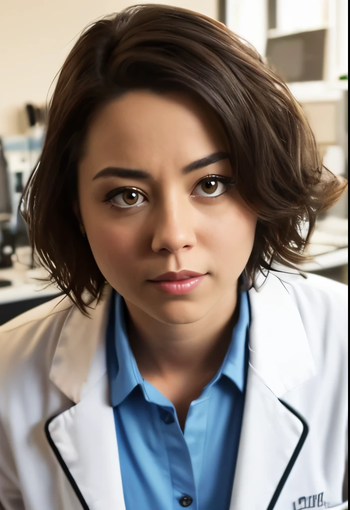 masterpiece, lifelike upper body image of AubreyPlaza, ((wearing a labcoat)), photo realistic, resting bitch face, frowning, highly detailed, detailed face, windswept, dramatic lighting, perfect eyes, in a lab 