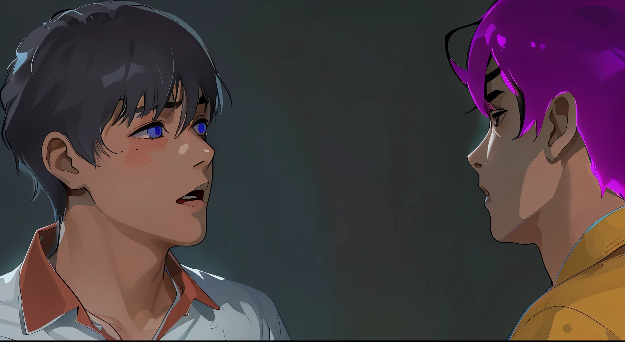 They are screaming, there are two cute 16 year old boys., uno de cabello gris y el otro de cabello morado estan discutiendo esta  discgustados