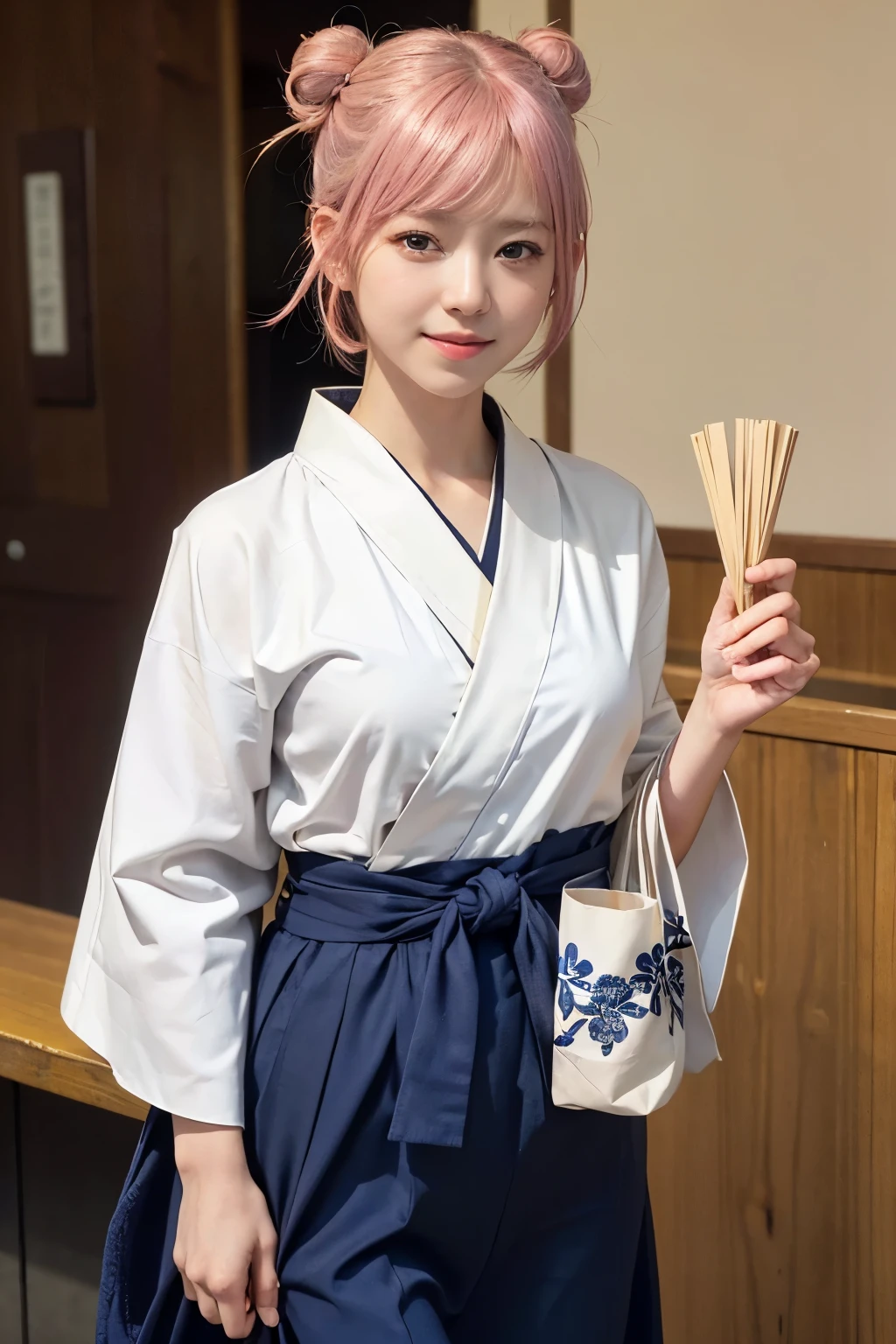 (8K, highest quality, masterpiece:1,2), (realistic, Photoreal:1.37), Super detailed, one girl,), (very detailed), (beautiful detailed eyes), (highest qualityの), (Super detailed ), (masterpiece), (detailed face),20-year-old, ,1 girl, ((pink hair,very short hair)), medium breasts, dressed, perfect lighting, break (navy blue haori:1.3), (white collar:1.2), (three quarter sleeves:1.2), (white kimono:1.4), (nature motif pattern:1.2), (navy blue hakama:1.3), (Ankle length:1.2), (The hem is not too wide:1.2), (white obi:1.4), (simple knot:1.2), (white foot bag:1.2), (Black geta:1.2), (low height:1.2), (Easy to walk:1.2), (bun hair:1.2), (hair ornaments:1.2), (Flowers and strips of paper:1.2), break bun hair, Flowers and strips of paper hair ornaments, smile, friendly, looking at camera, hold soba with right hand, Holding chopsticks with left hand, Do not put sauce on soba, In front of the soba shop counter, Wall with menu and photos, Natural light, soft shadow on the face