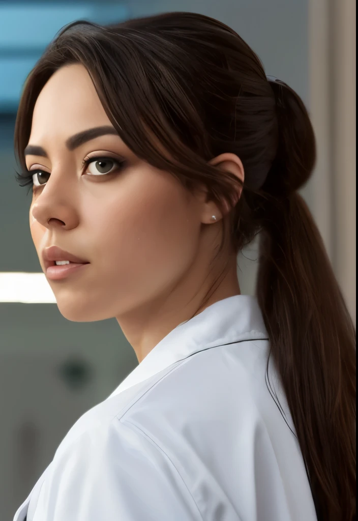 masterpiece, lifelike upper body image of AubreyPlaza, ((wearing a labcoat)), photo realistic, resting bitch face, frowning, highly detailed, detailed face, hair in a ponytail, dramatic lighting, perfect eyes, in a lab 