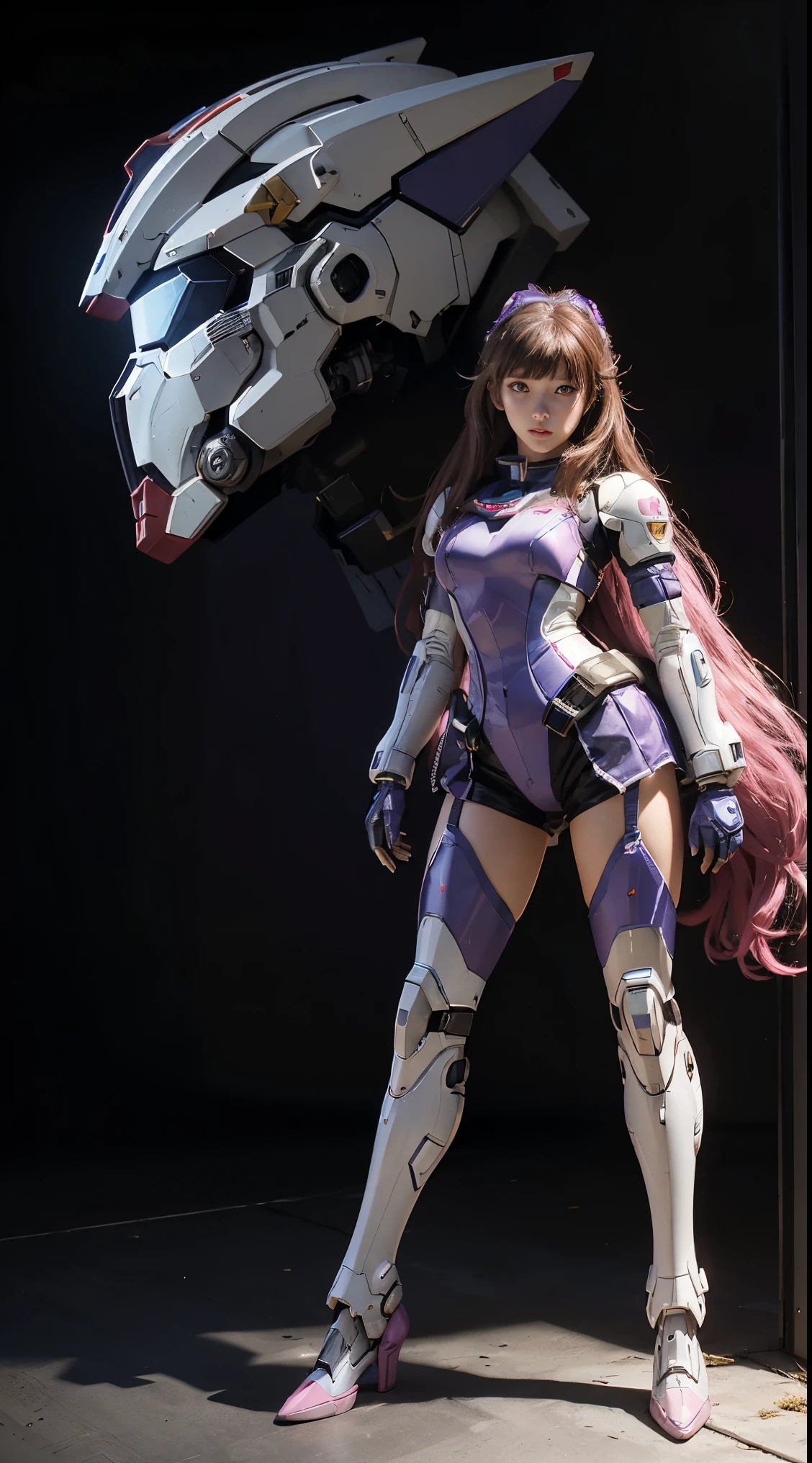 RAW, Masterpiece, Ultra Fine Photo,, Best Quality, Ultra High Resolution, Photorealistic, Sunlight, Full Body Portrait, Stunningly Beautiful,, Dynamic Poses, Delicate Face, Vibrant Eyes, (Side View) a close up of a woman in a pink and white gundam custume, dybamic pose, long brown very very long hair rapunzel, girl in mecha cyber armor, portrait armored astronaut girl, d. va from overwatch, female mecha, on a gundam, gundam head, chiho aoshima color scheme, mobile suit, streamlined purple armor, fully robotic!! girl, realistic cosplay, gundam armor (dynamic pose) (best cameraview), full body