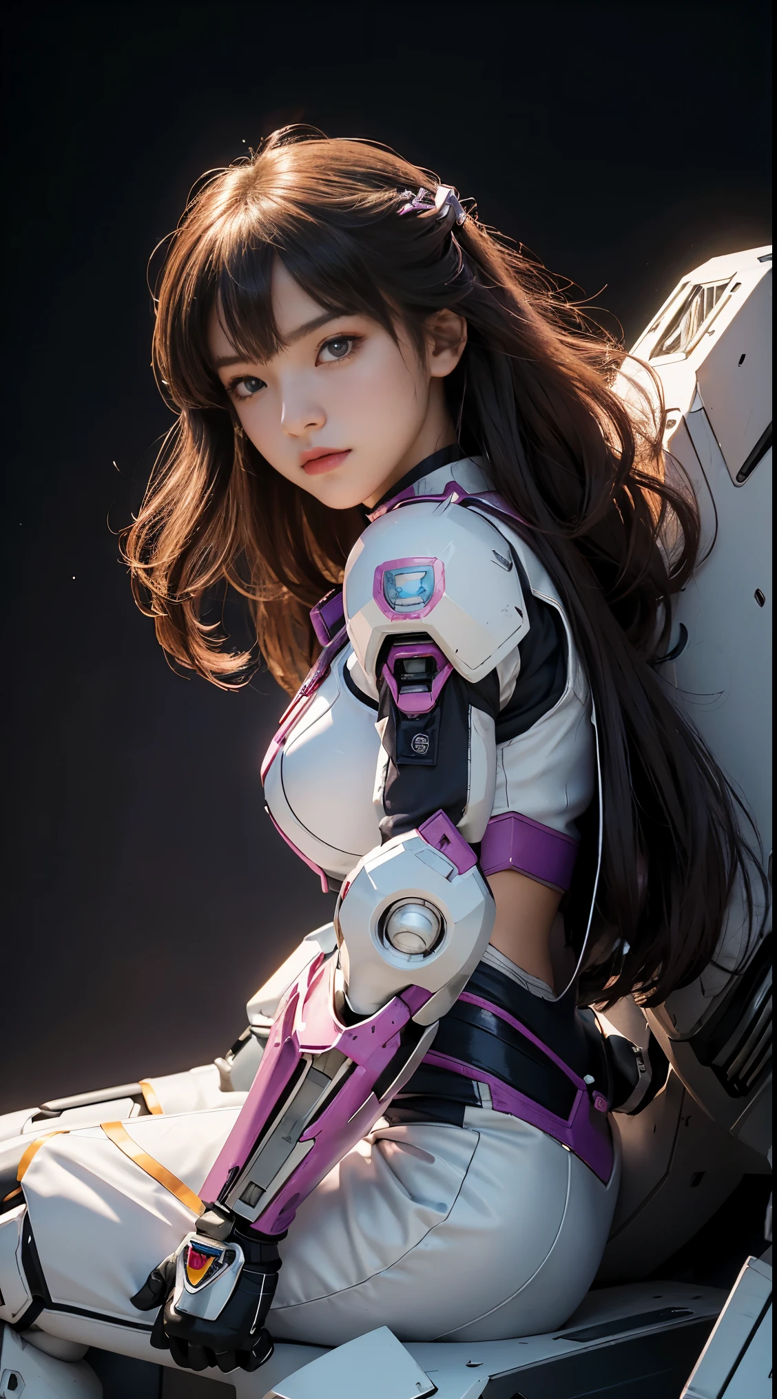 (RAW quality:1.4), masterpiece, Ultra HD Photos,, highest quality, Ultra-high resolution, Realistic, sunlight, whole bodyポートレート, Amazingly beautiful,, Dynamic pose, Delicate face, Vivid eyes, (Side view) Close-up of a woman in a pink and white Gundam costume, Dynamic Pose, Rapunzel with very long brown hair, girl in mecha cyber armor, portrait armored astronaut girl, d. va from overwatch, Female Mecha, to Gundam, Gundam Head, chiho aoshima color scheme, Mobile Suit, Streamlined purple armor, completely robot!! girl, Realistic cosplay, Gundam Armor (Dynamic pose) (Best Camera View), whole body