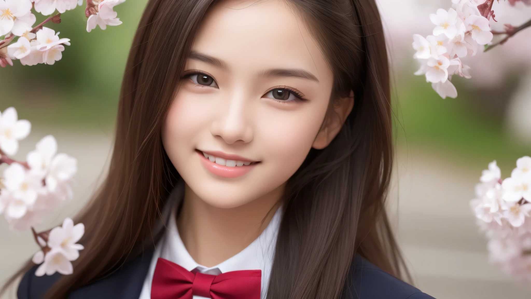 (1girl), 15yo, enchanting smile, (highly detailed eyes, highly detailed face), Fresh, very clean appearance, (hyper-realistic, hight resolution), (best Quality:1.4), Professional Photography, (high school uniform:1.2), cherry blossoms, focus on the face,