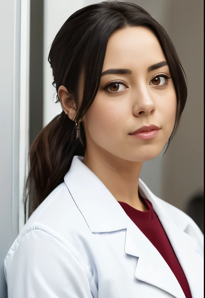 masterpiece, lifelike upper body image of AubreyPlaza, ((wearing a labcoat)), photo realistic, resting bitch face, frowning, highly detailed, detailed face, hair in a ponytail, dramatic lighting, perfect eyes, in a lab 