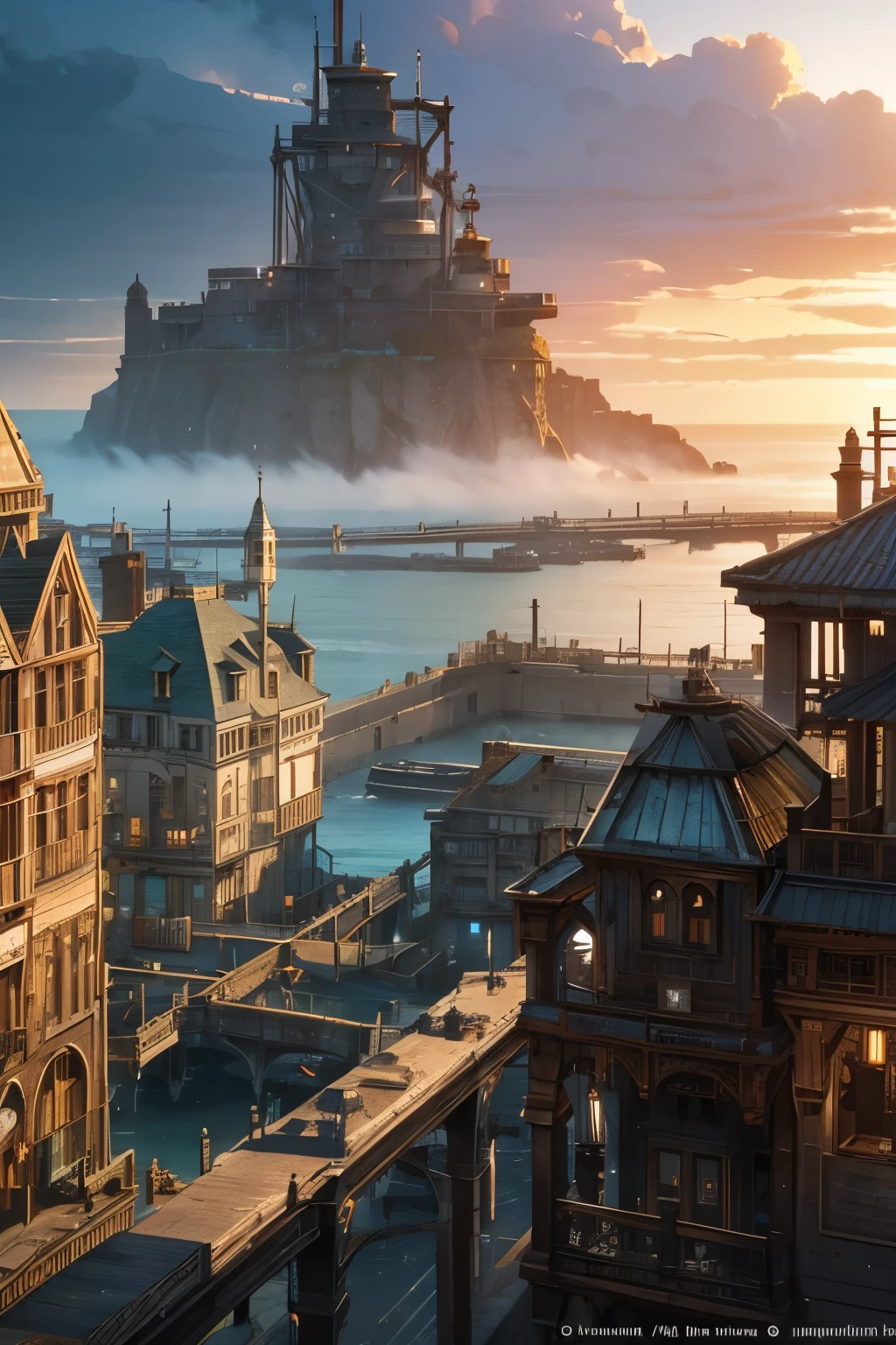 A Town with an Ocean View, steampunk style and realistic rendering,
Detailed architecture with intricate gears and pipes,
Rustic and weathered textures, patina on metal surfaces,
8K resolution, cinematographic lighting,
Sharp focus on buildings and steam machines,
Realistic water effects, waves crashing against the shore,
Seagulls soaring overhead with detailed feather textures,
Steampunk people in Victorian-era clothing,
Detailed facial features, glasses with intricate designs,
Cogs and gears visible on clothing,
Exposed machinery and wires,
Fog rolling in, adding to the atmospheric steampunk feel.